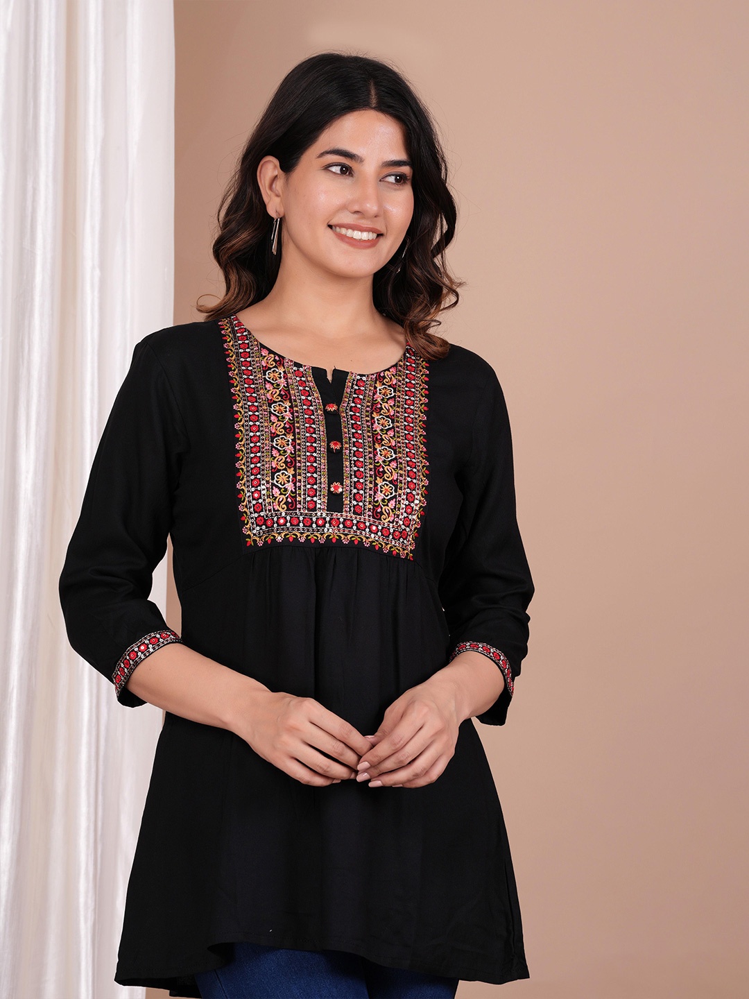 

FASHION DEPTH Ethnic Printed Embroidered Round Neck Kurti, Black