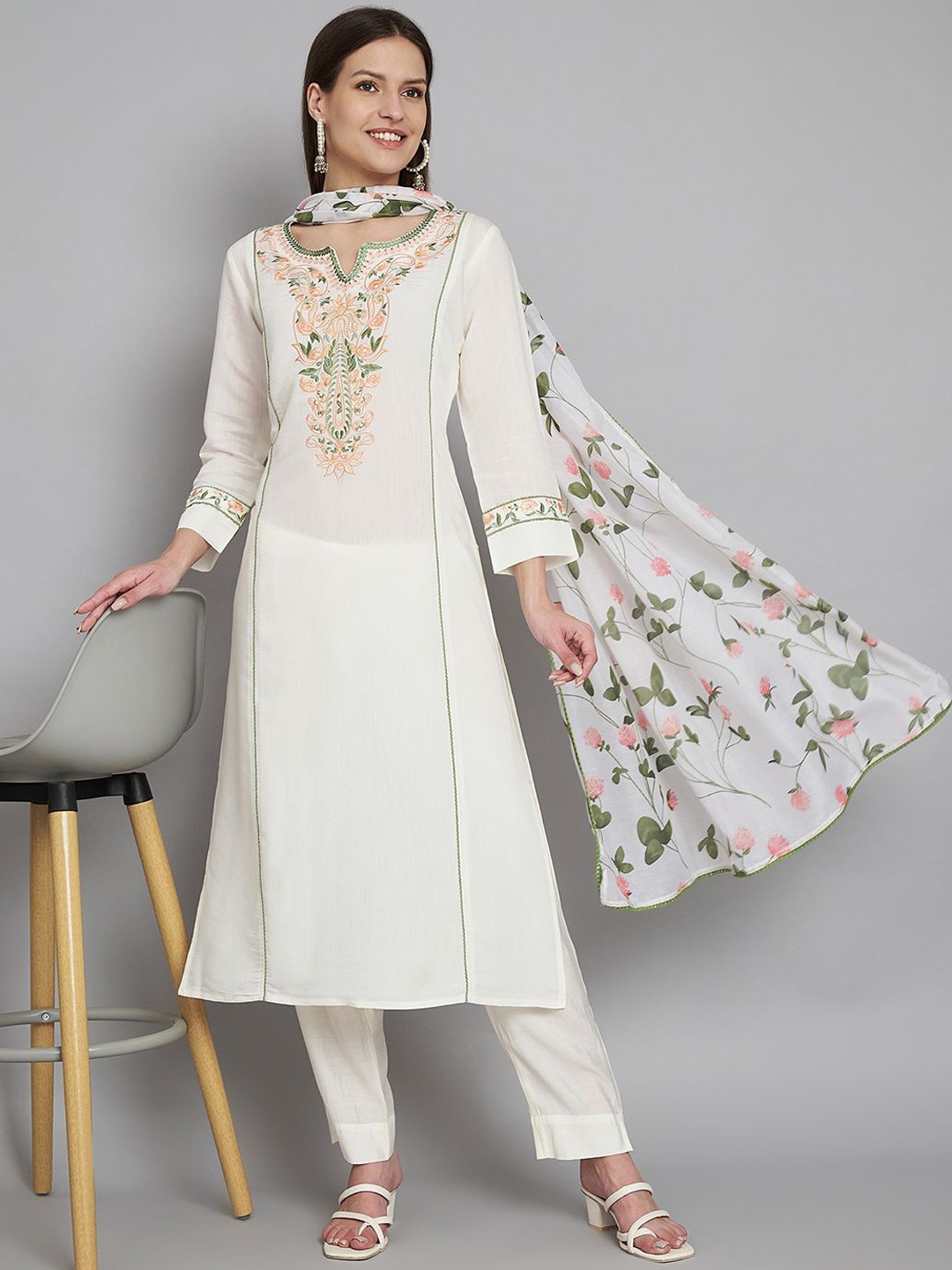 

Label Khoj Ethnic Motifs Yoke Design Regular Thread Work Kurta with Trousers & Dupatta, White
