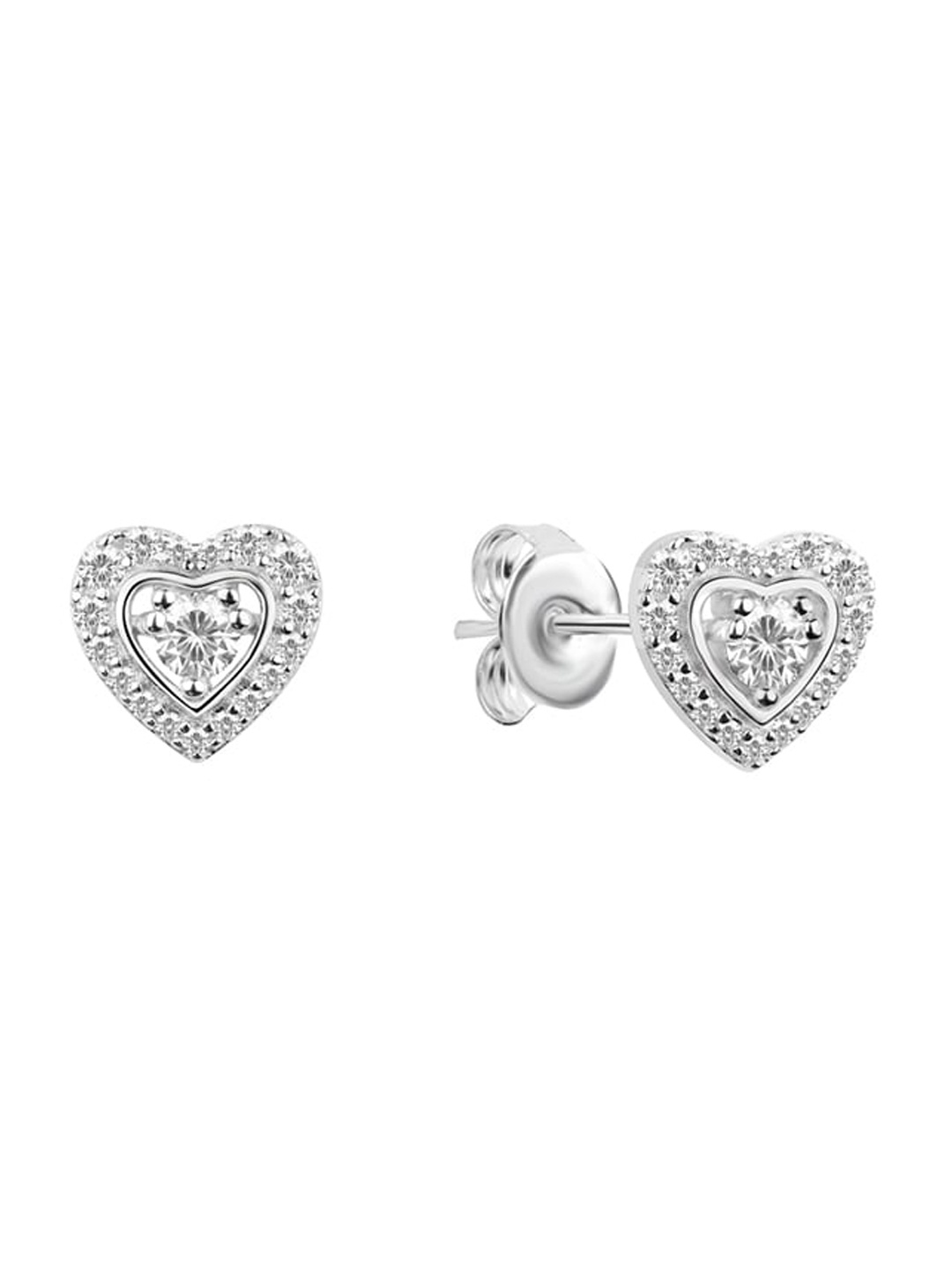

Nistra Rhodium Plated Cubic Zirconia Heart Shaped Studs Earrings, Silver