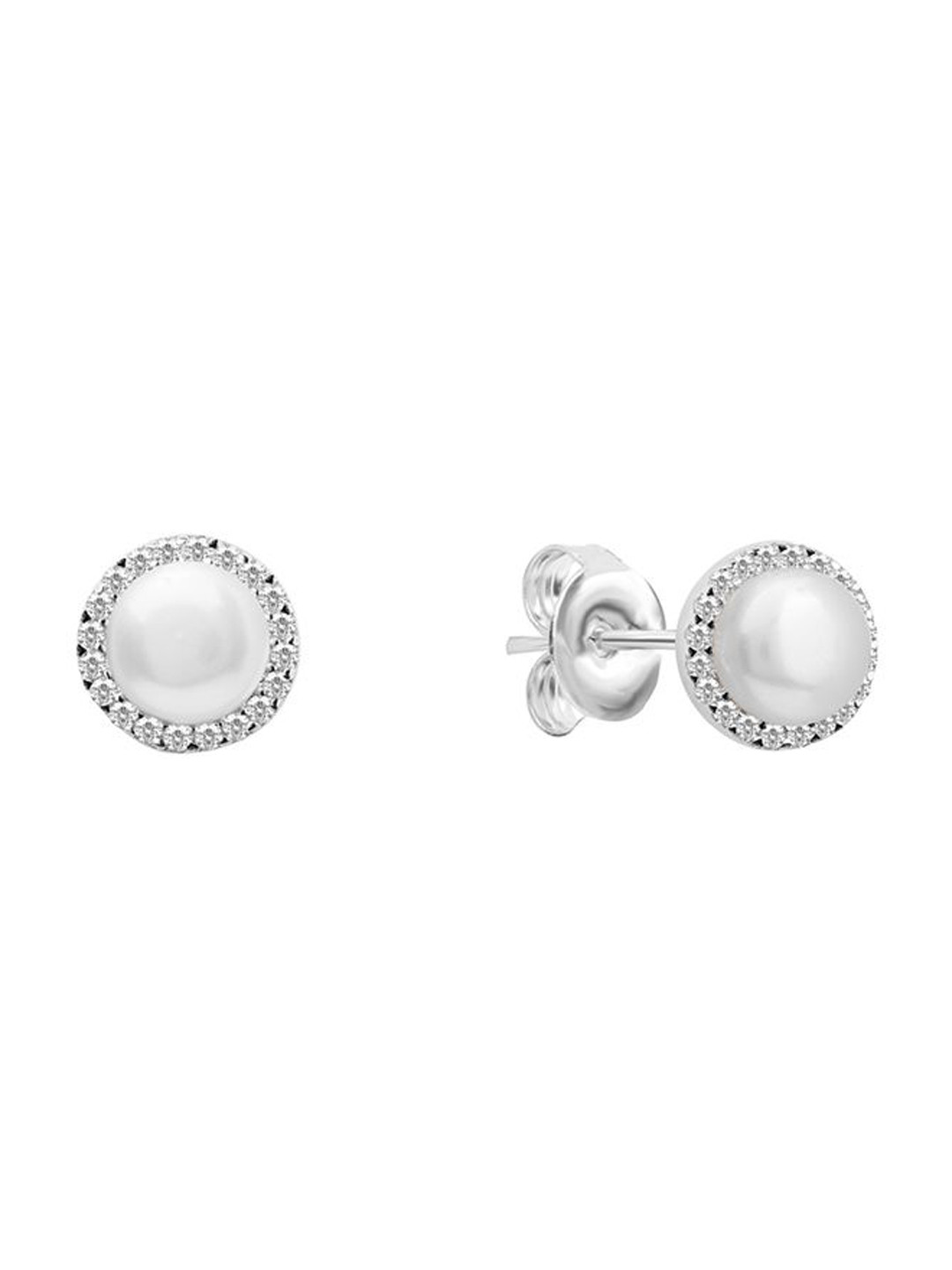 

Nistra Rhodium-Plated Pearls-Beaded Sterling Silver Circular Studs Earrings