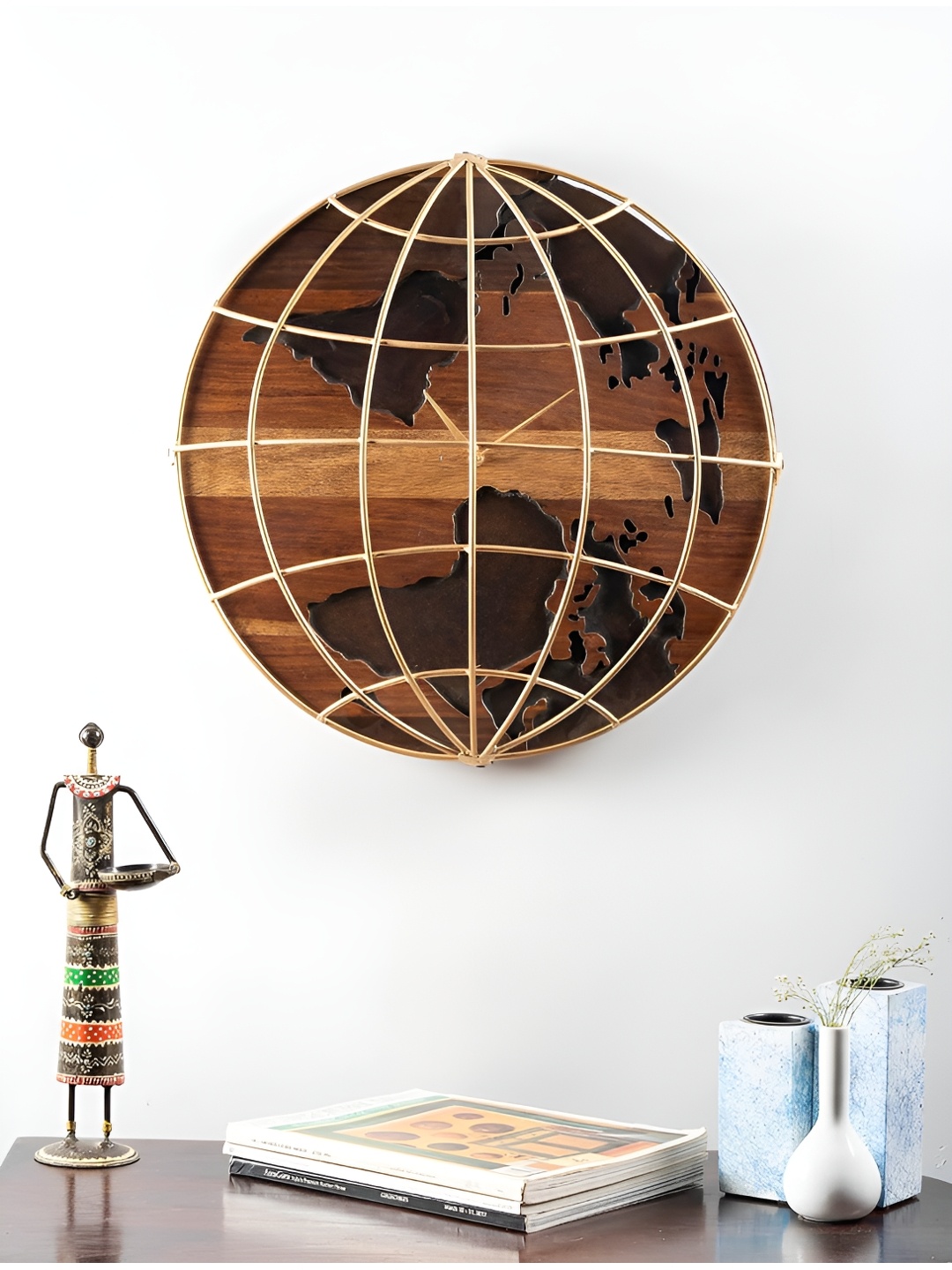 vedas Wooden Polished Metal Wall Clock with Dial, Brown