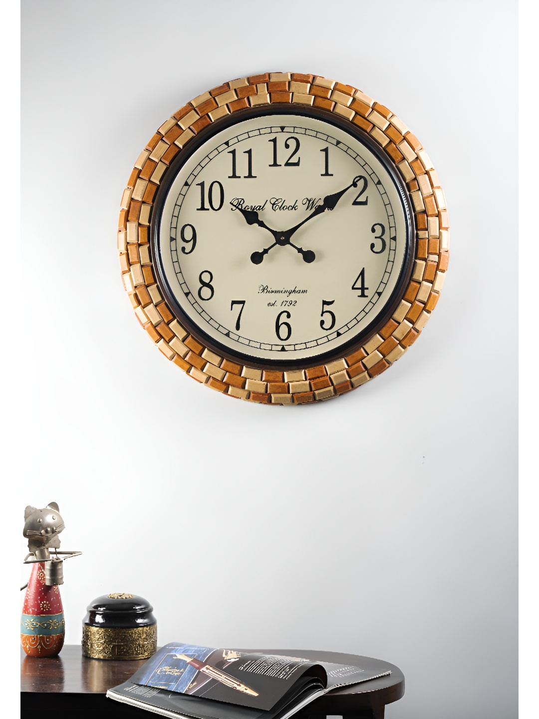 

vedas Brown Wooden Round Analogue Wall Clock, Metallic