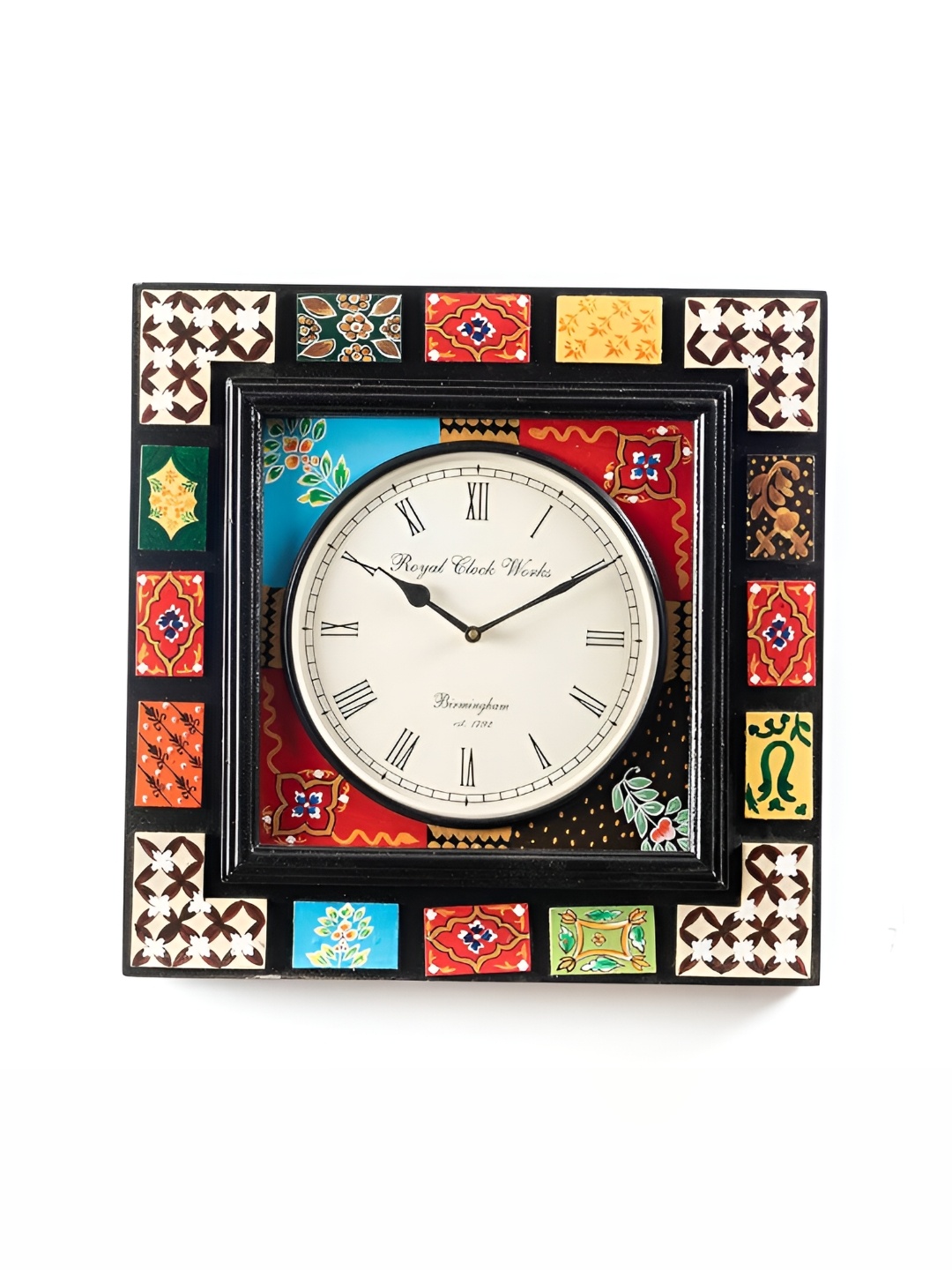 vedas C-Divit Red & Yellow Printed Wooden Wall Clock With Dial, Cream
