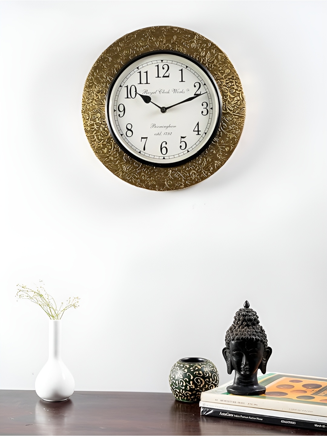 

vedas C-Salina Heritage Brown Textured Wooden & Brass Wall Clock With Dial, White