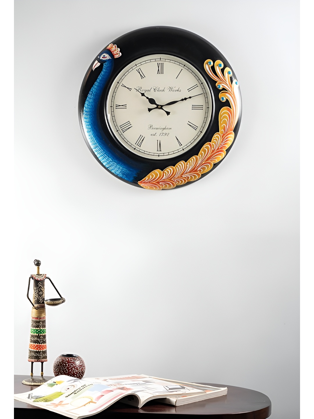 

vedas Blue & Yellow Printed Wooden Wall Clock With Dial