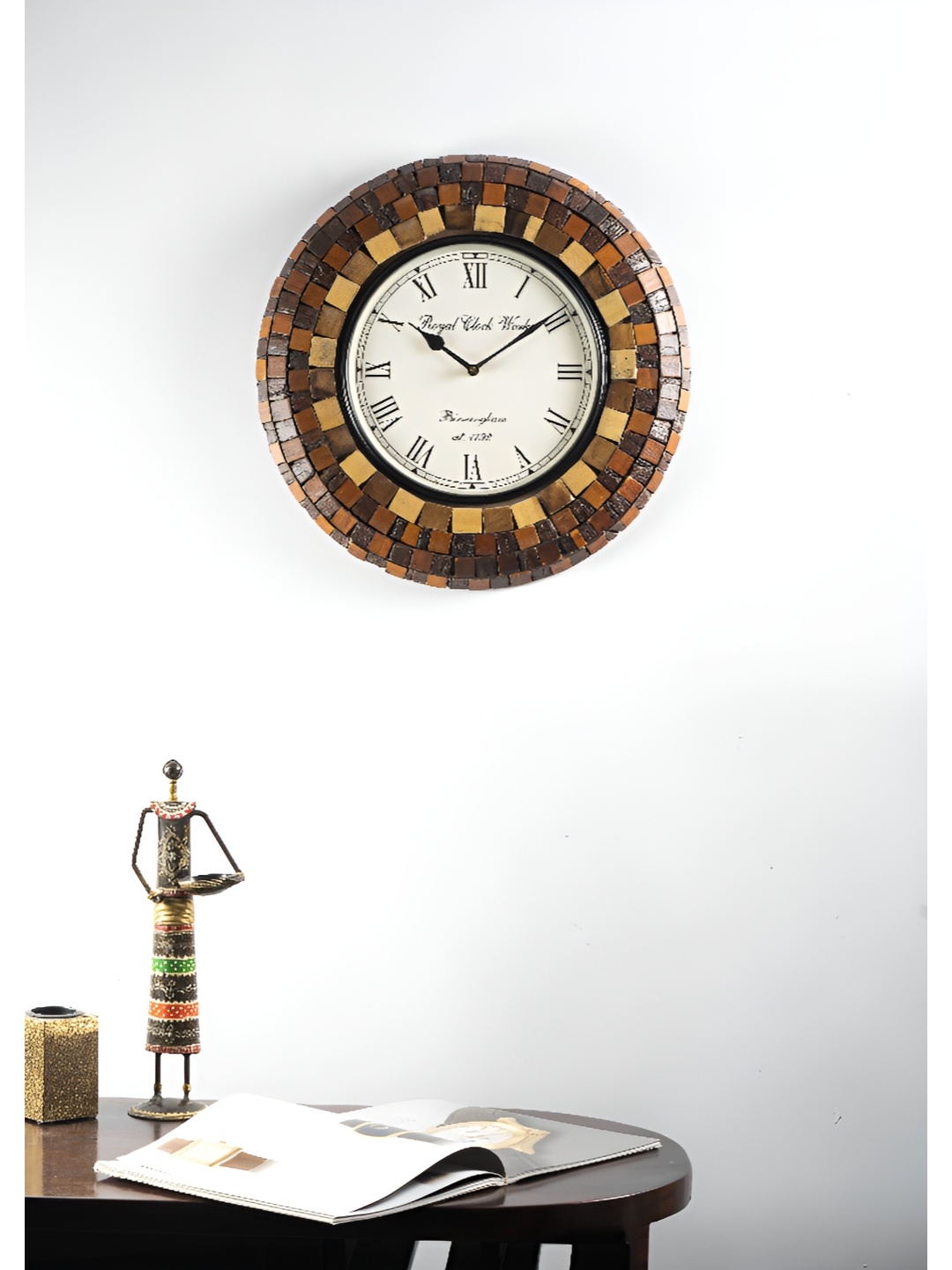 

vedas Brown Wooden Round Analogue Wall Clock, Metallic