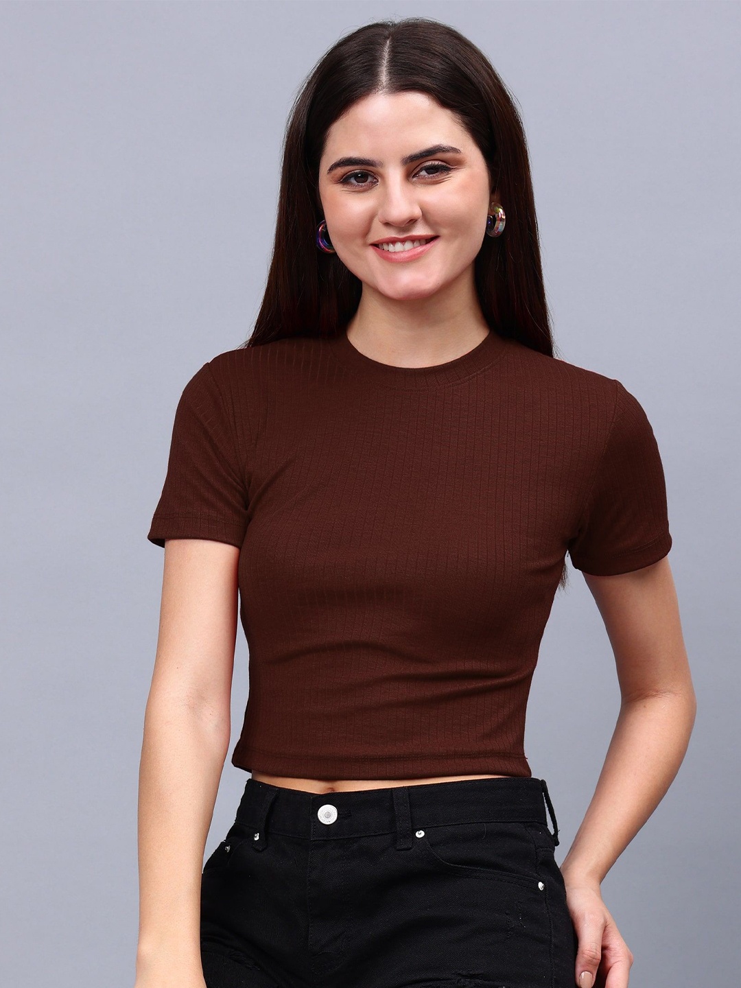 

Unifringe Solid Self Design Round Neck Fitted Crop Top, Brown