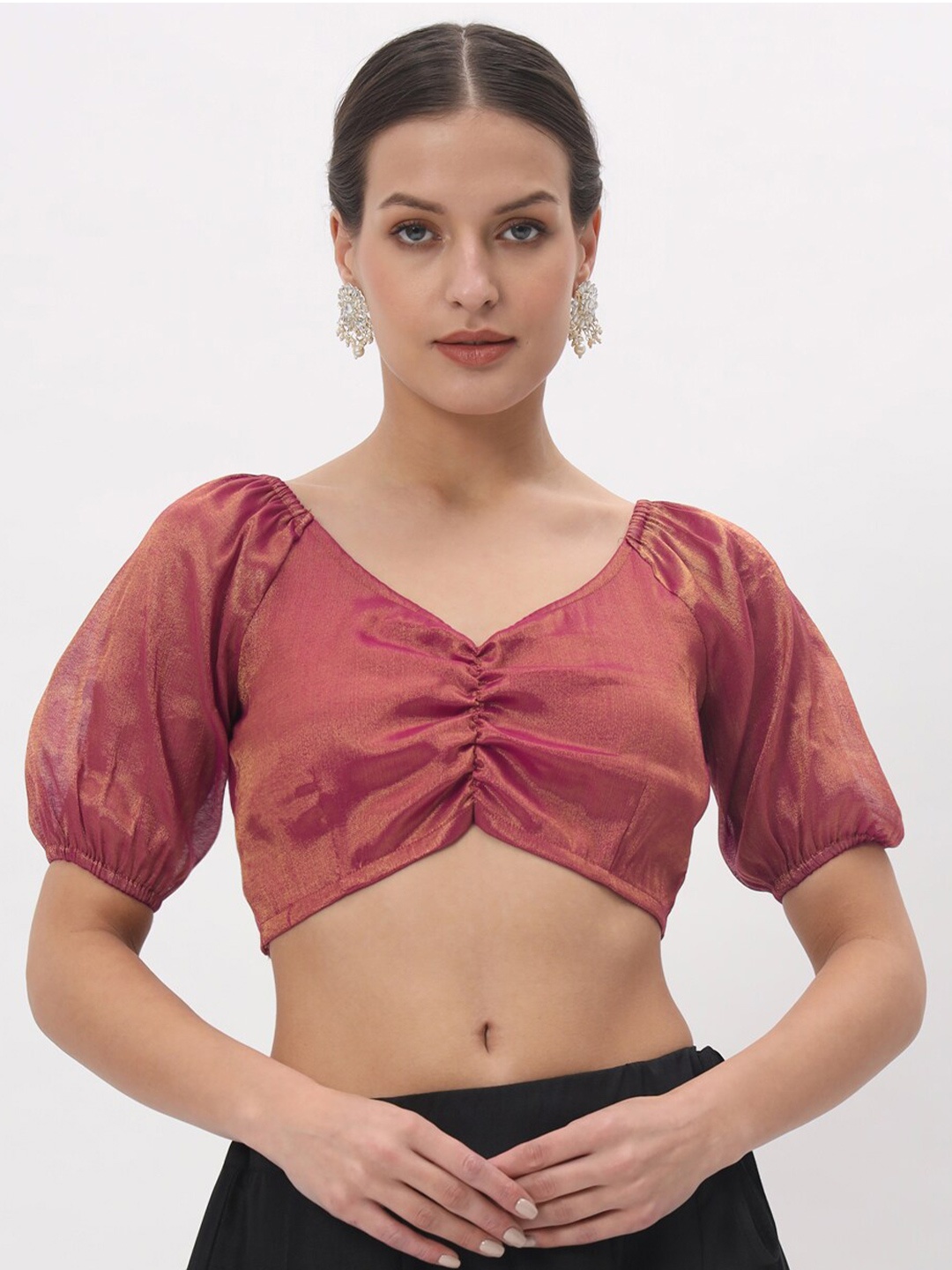 studio rasa Solid V-Neck Sheen Crop Top, Pink