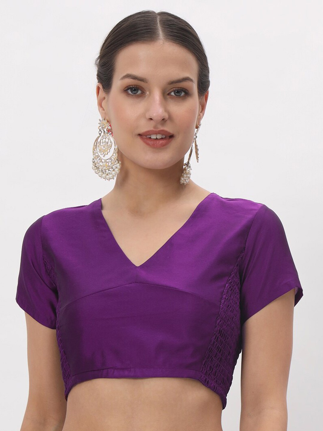 

studio rasa Solid V-Neck Smocked Crop Top, Purple