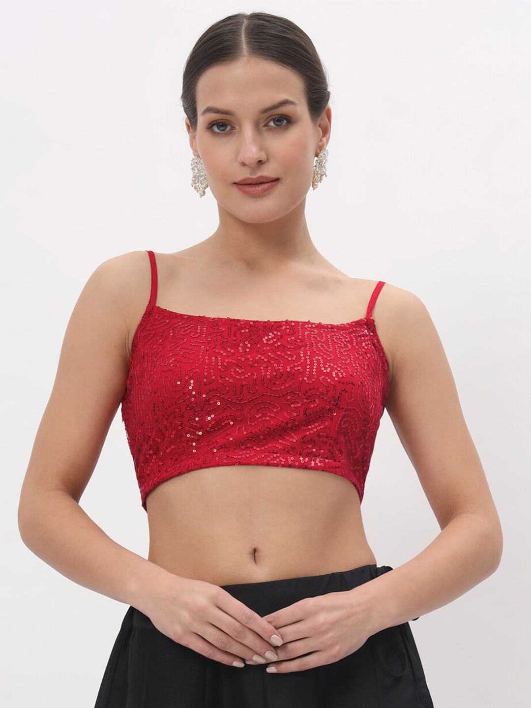 

studio rasa Self Design Shoulder Straps Bralette Crop Top, Red