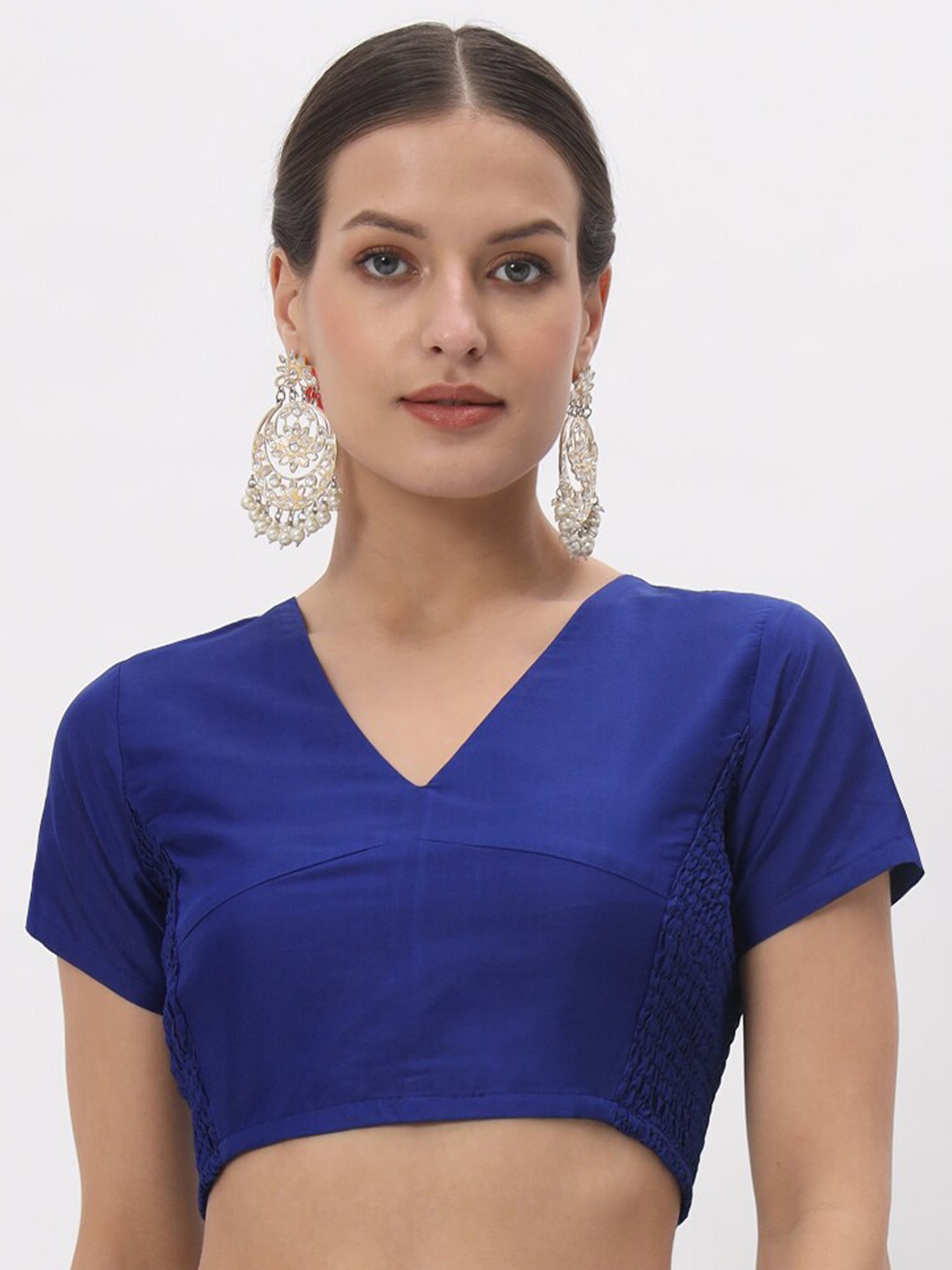 

studio rasa Solid V-Neck Smocked Crop Top, Blue