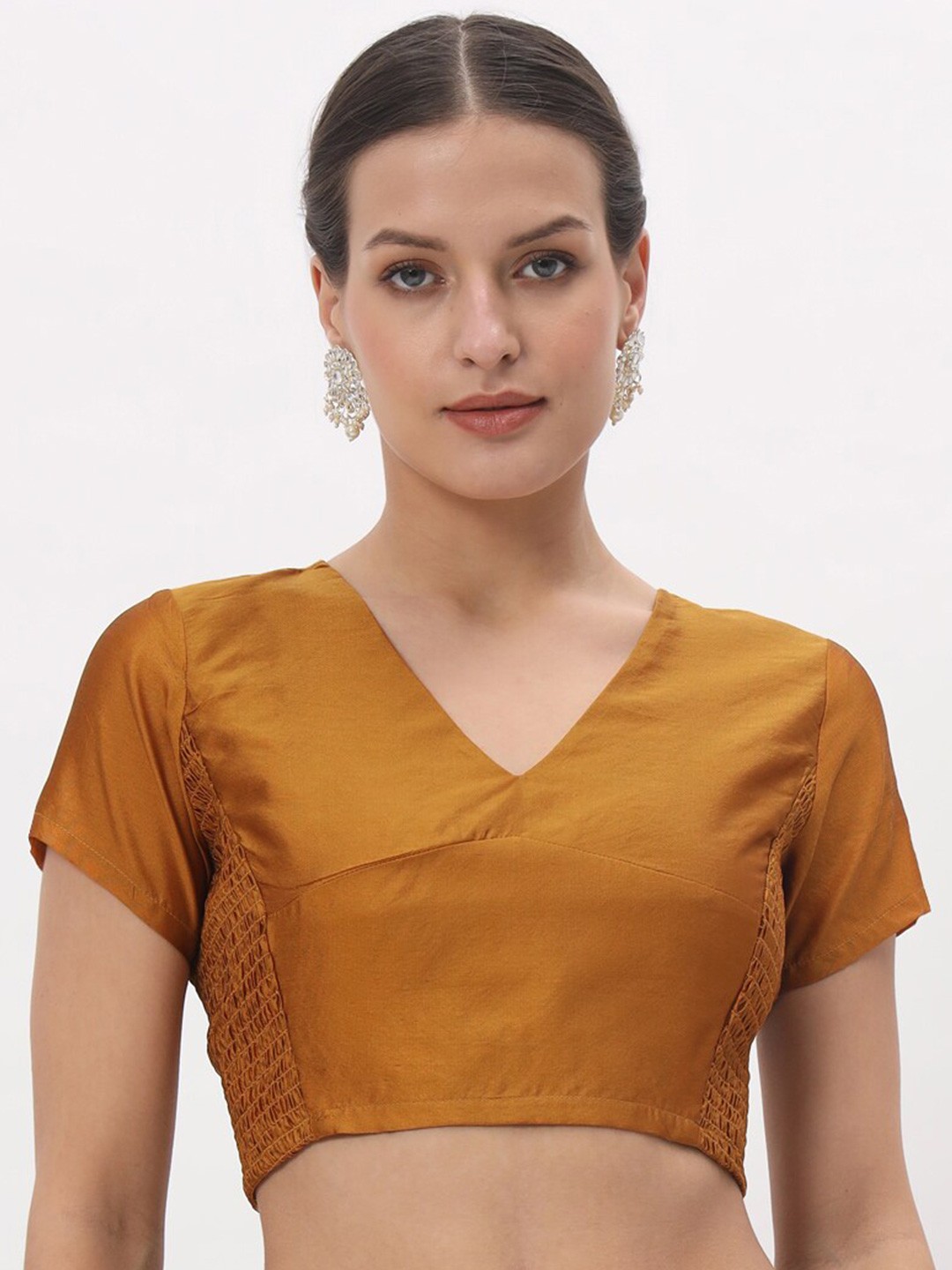 

studio rasa Solid V-Neck Smocked Crop Top, Mustard