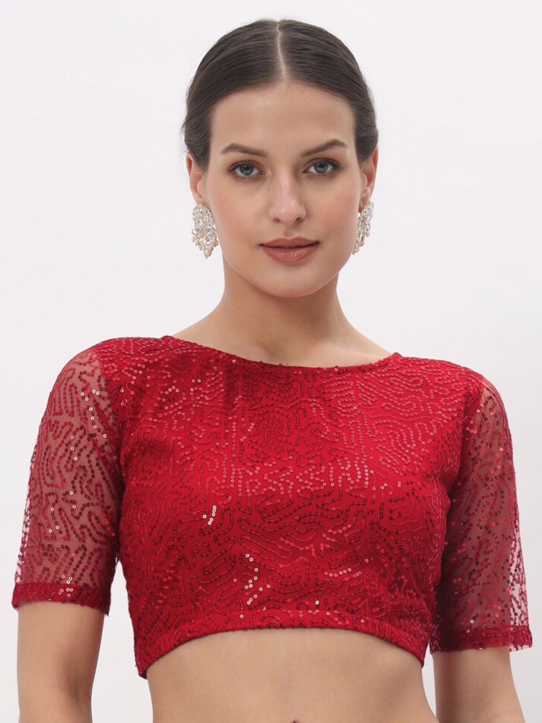 

studio rasa Self Design Round Neck Crop Top, Red