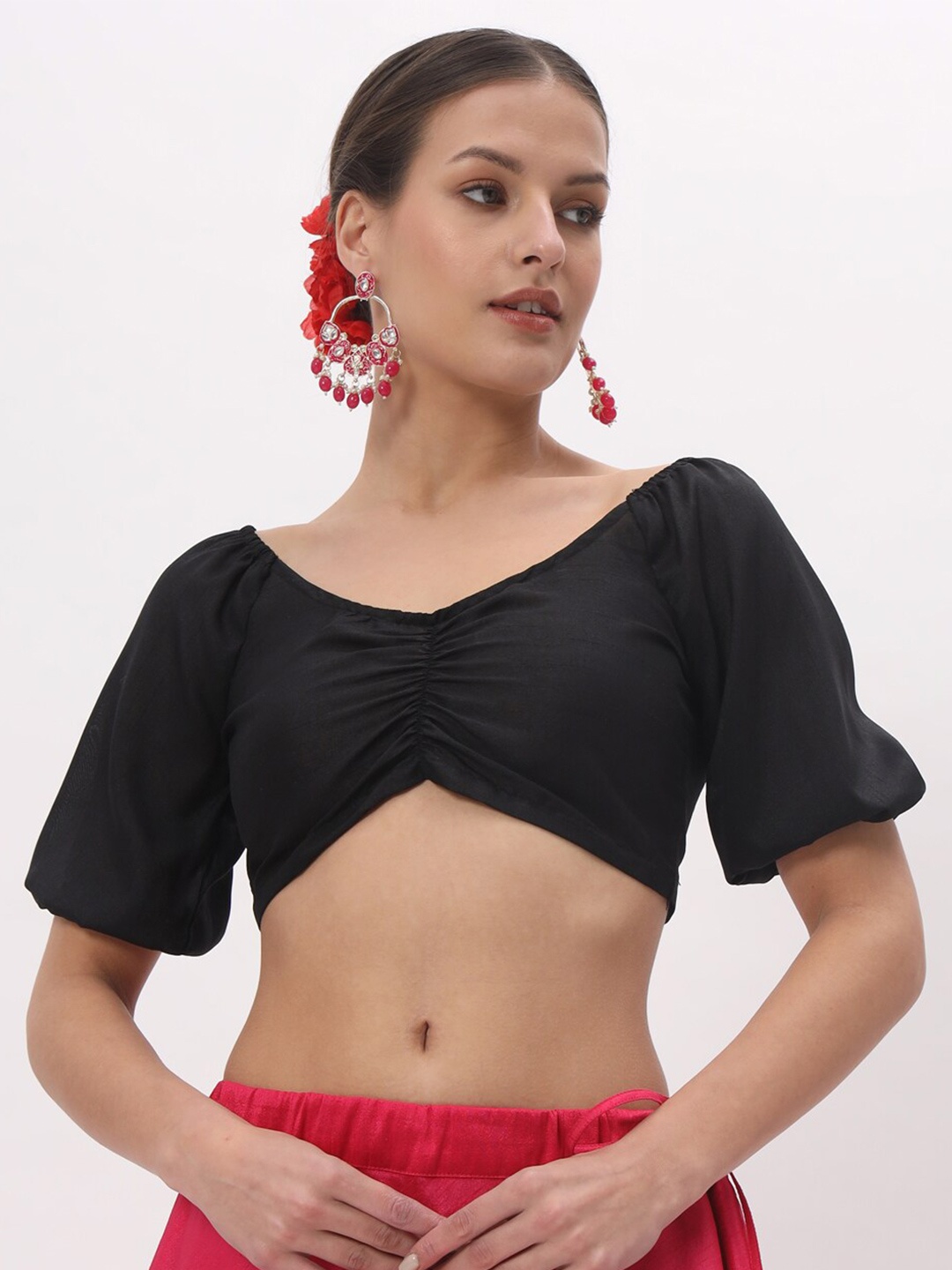 

studio rasa Solid V-Neck Saree Blouse, Black