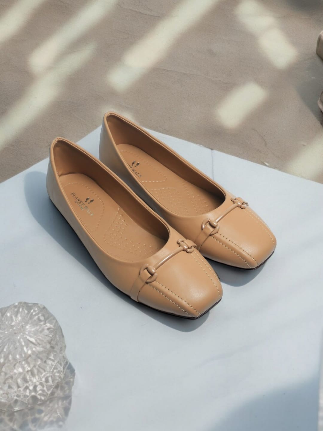 

PLANET WALK Women Ballerinas with Buckles Flats, Tan