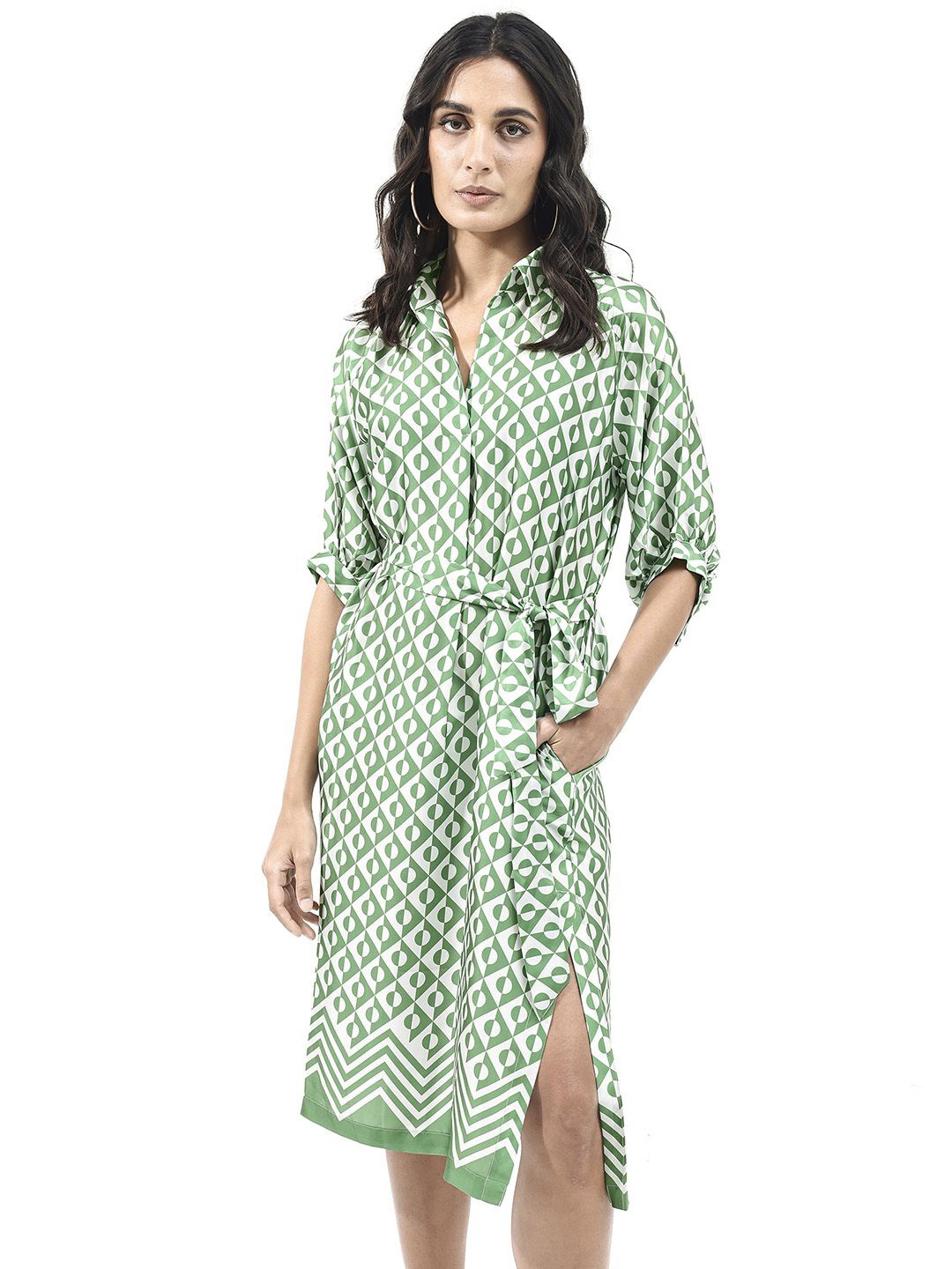 

RAREISM Printed Shirt Midi Dress, Green