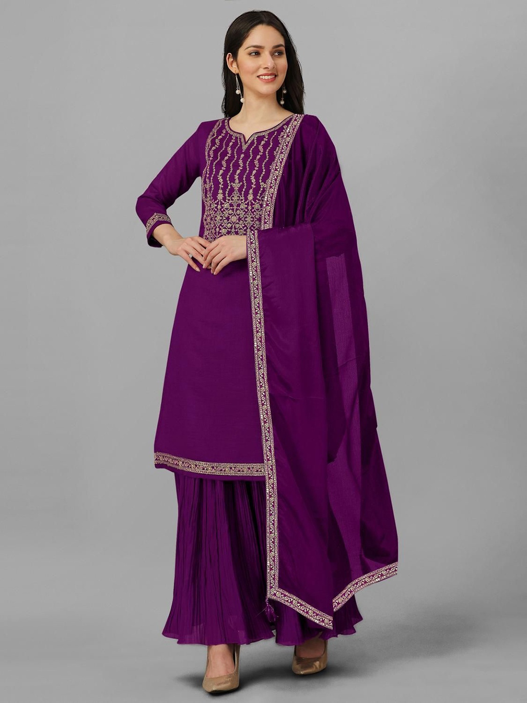 

Trendmalls Floral Yoke Design Sequined Straight Kurta With Sharara & Dupatta, Purple