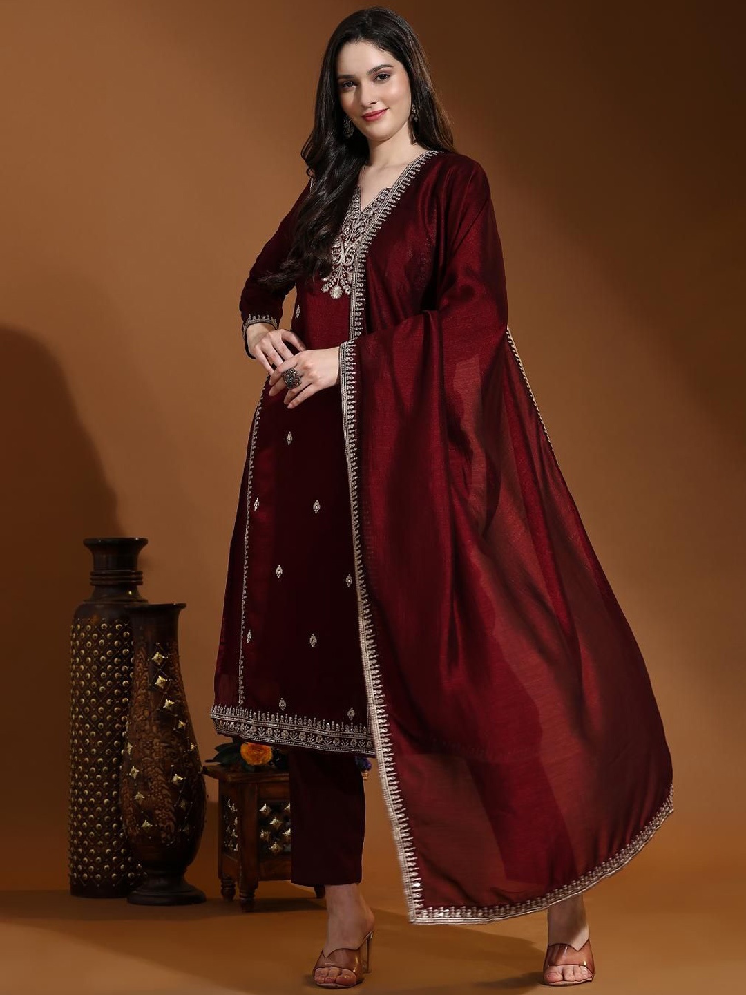 

Trendmalls Embroidered Sequinned Pure Cotton Straight Kurta With Trousers & Dupatta, Maroon