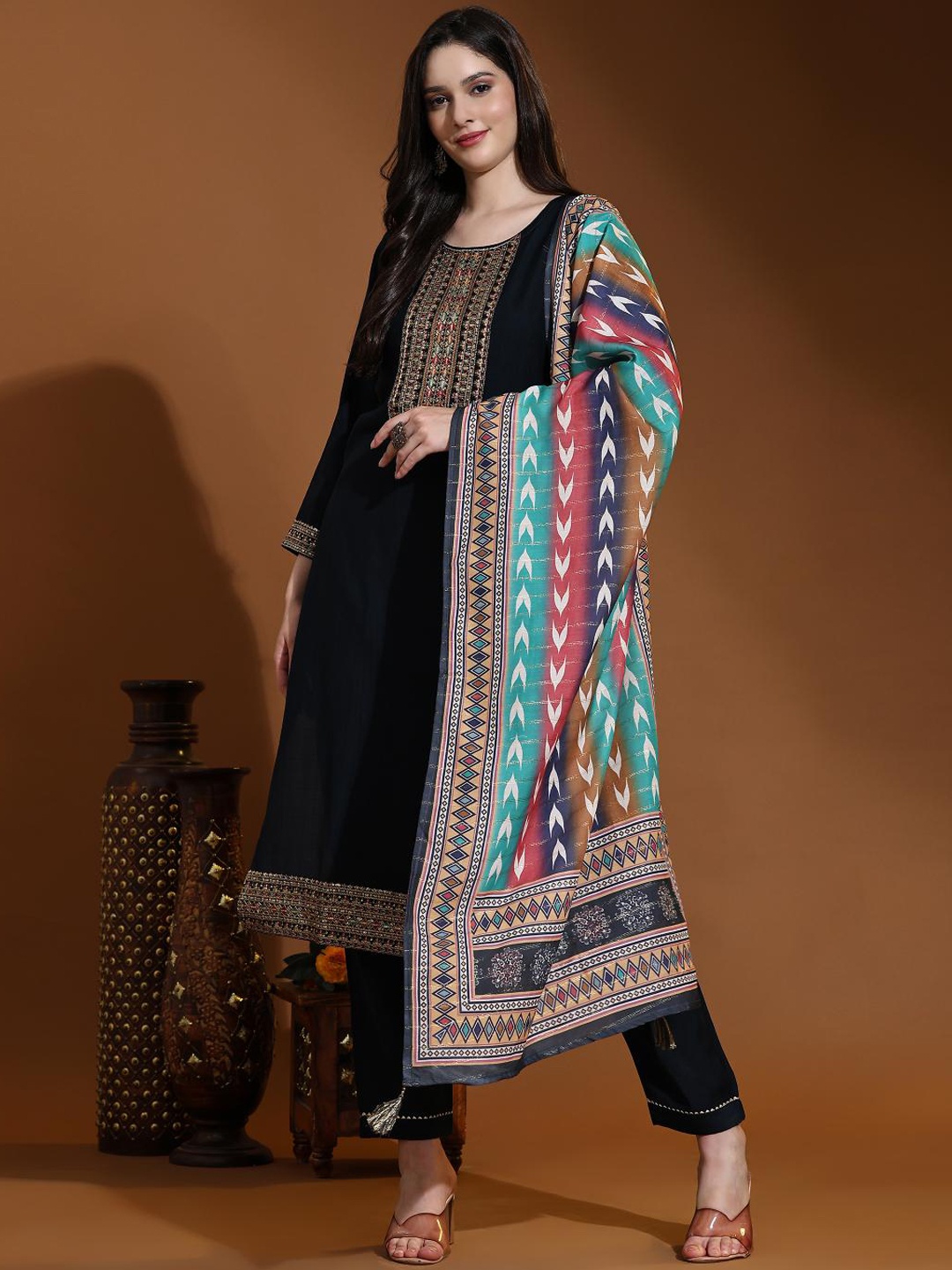

Trendmalls Round Neck Embroidered Sequinned Pure Cotton Kurta with Trouser & Dupatta, Teal