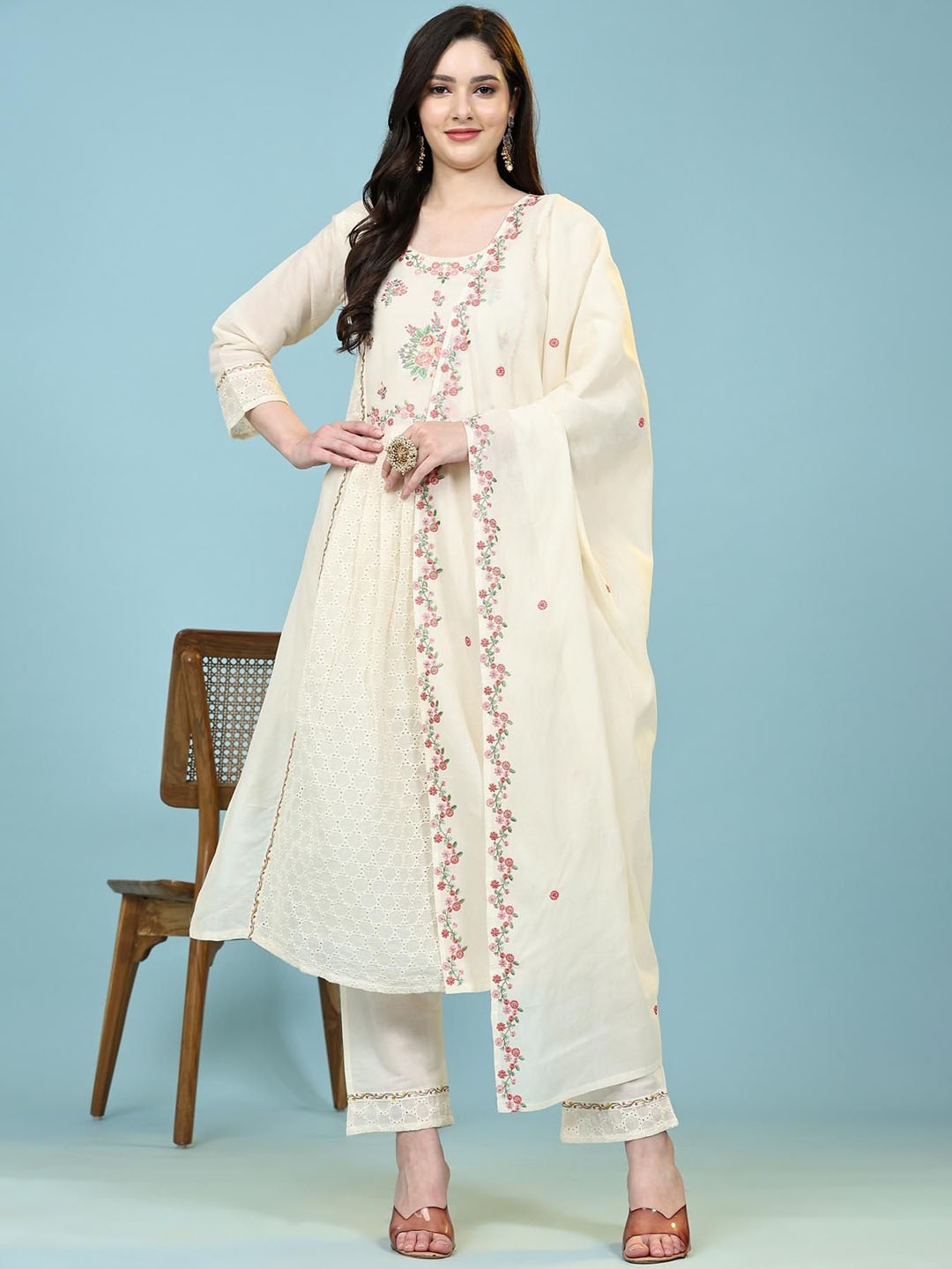 

Trendmalls Floral Embroidered Thread Work Pure Cotton A-Line Kurta With Trousers & Dupatta, Off white