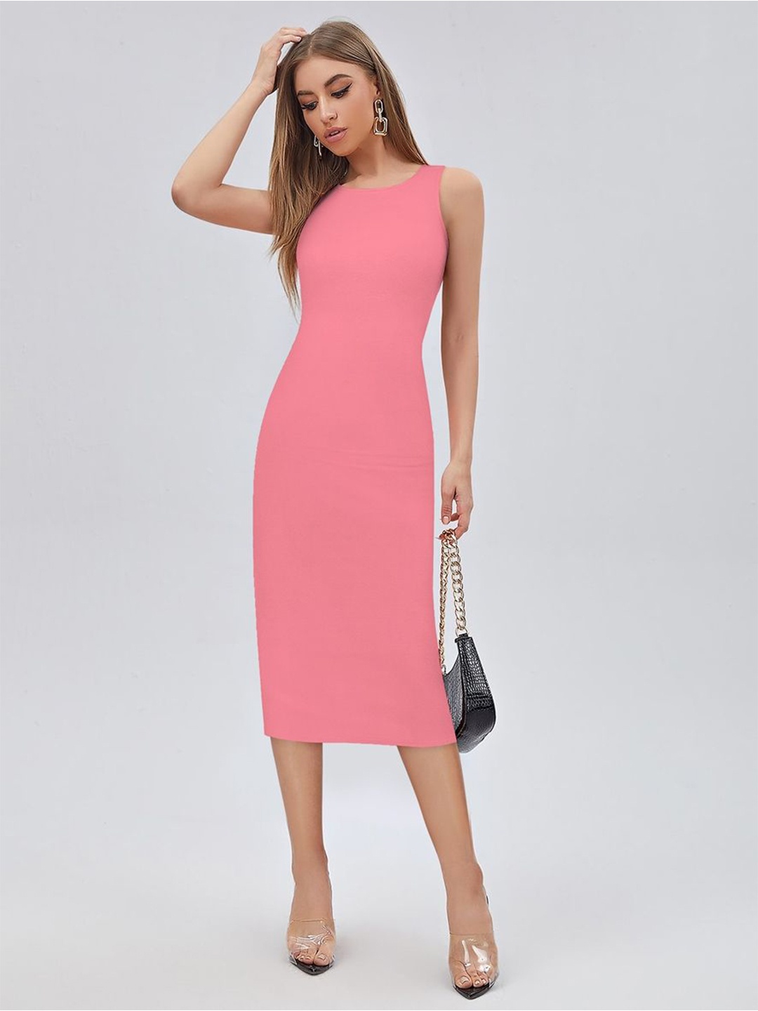 

KERI PERRY Plain Straight Fit Partywear Bodycon Midi Dress, Pink