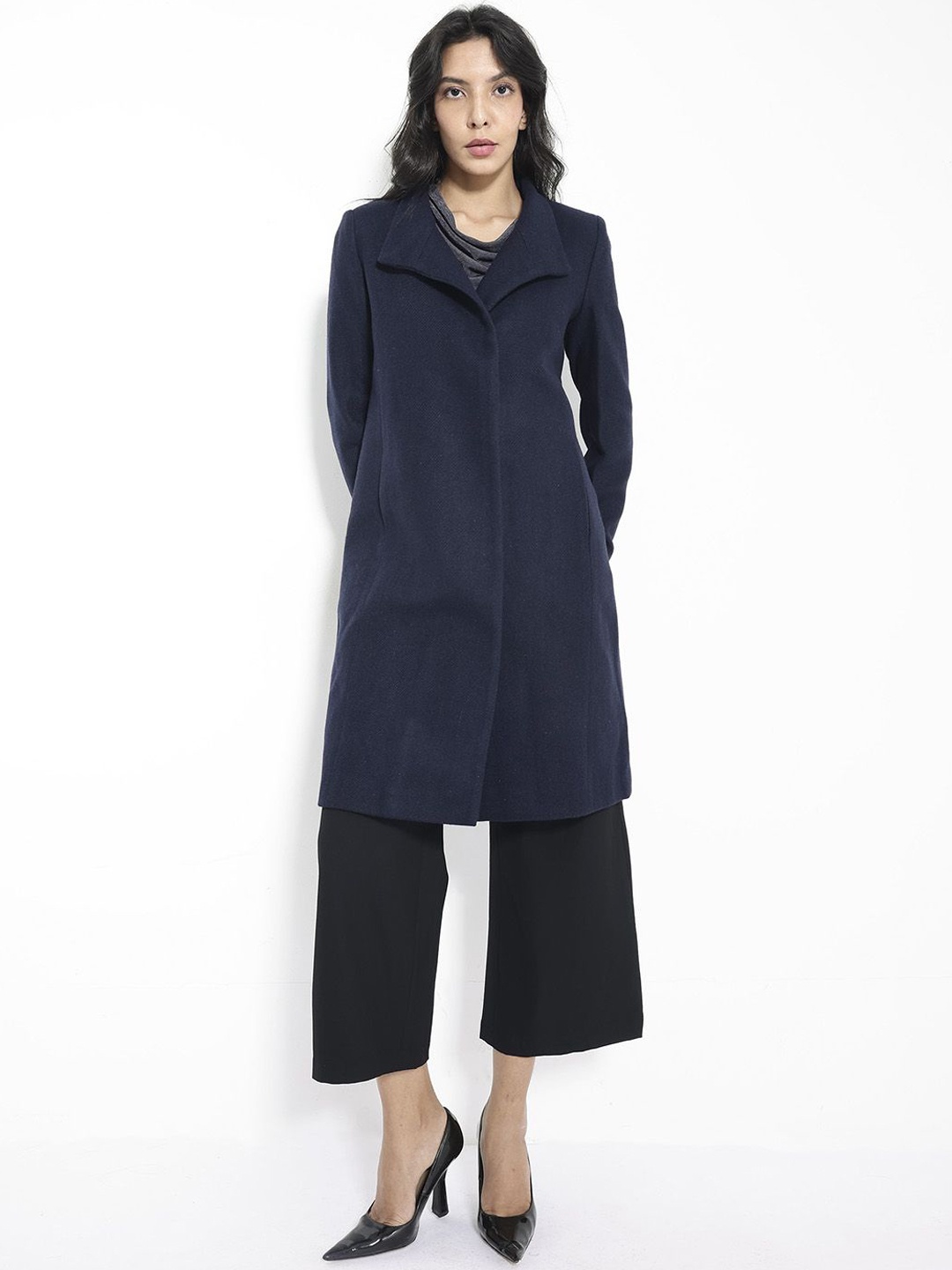 

RAREISM Women Checked Longline Open Front Jacket, Navy blue