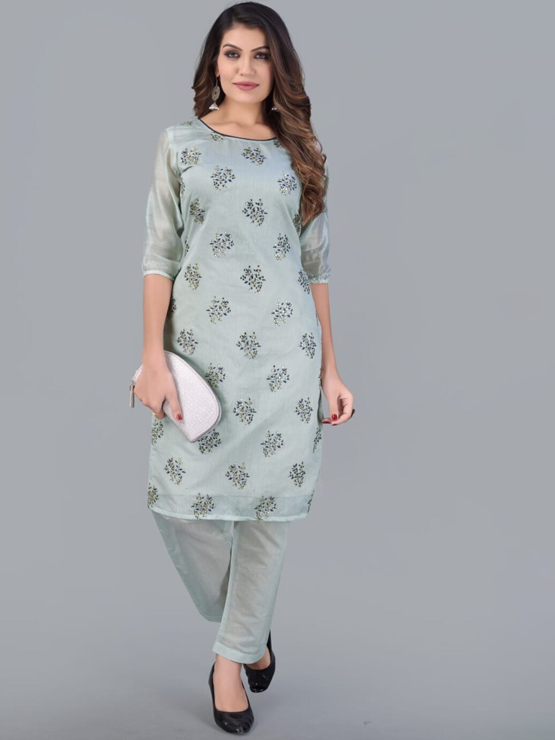 

Rujave Women Floral Embroidered Ethnic Dresses, Green