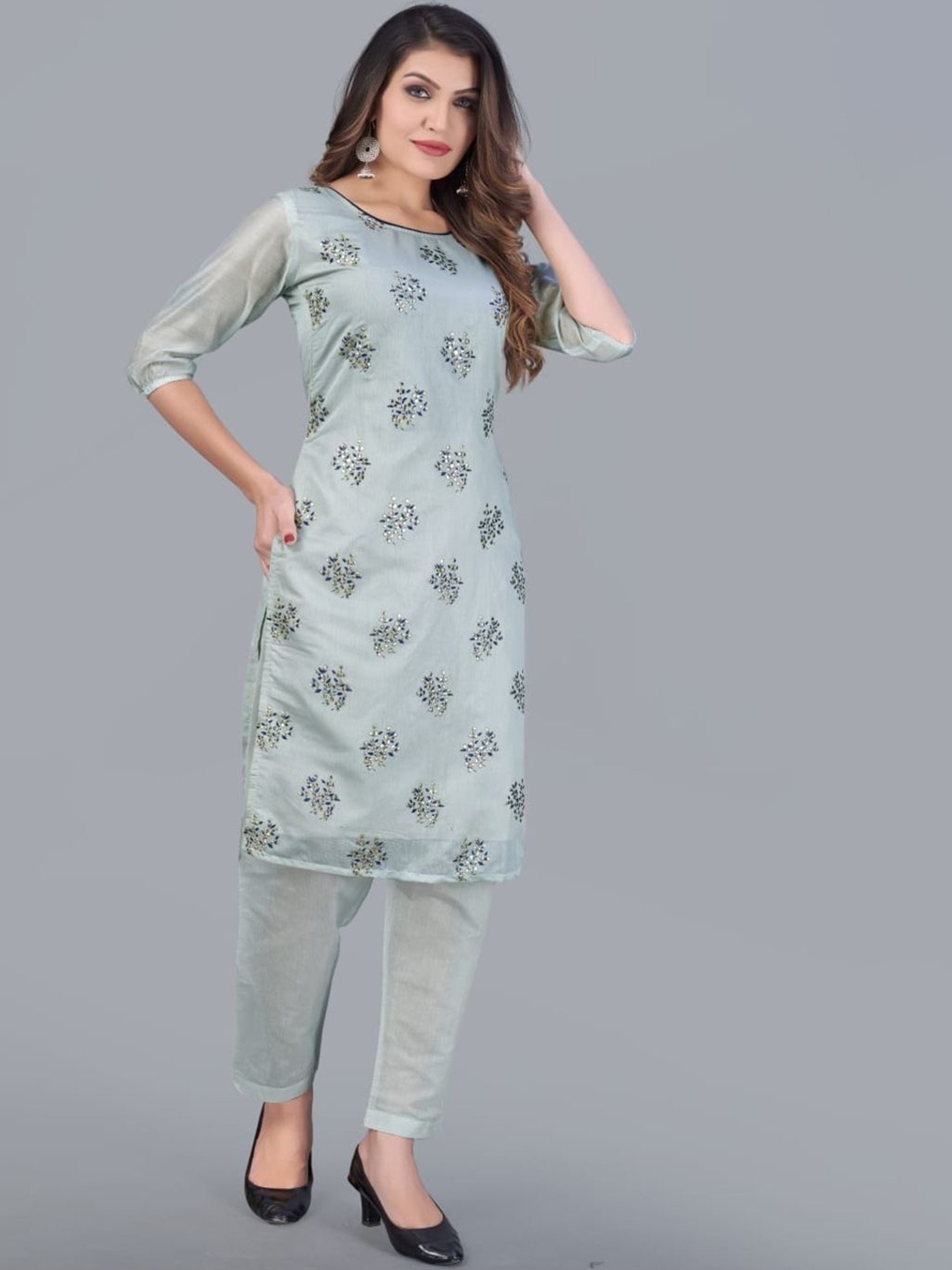 

Rujave Ethnic Motifs Printed Pure Silk Straight Kurta With Trousers Set, Blue