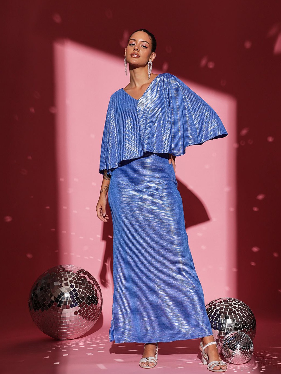 

Molly & Michel V Neck Flared Sleeve Embellished Satin Sheath Maxi Dress, Blue