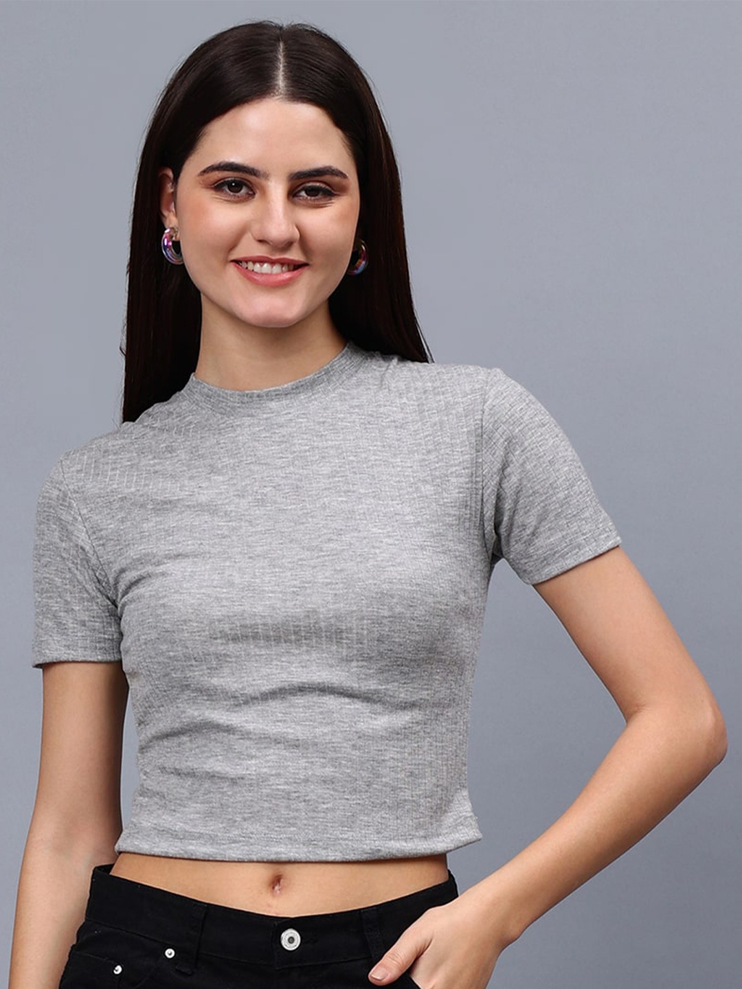 

Unifringe Self Design Round Neck Crop Top, Grey