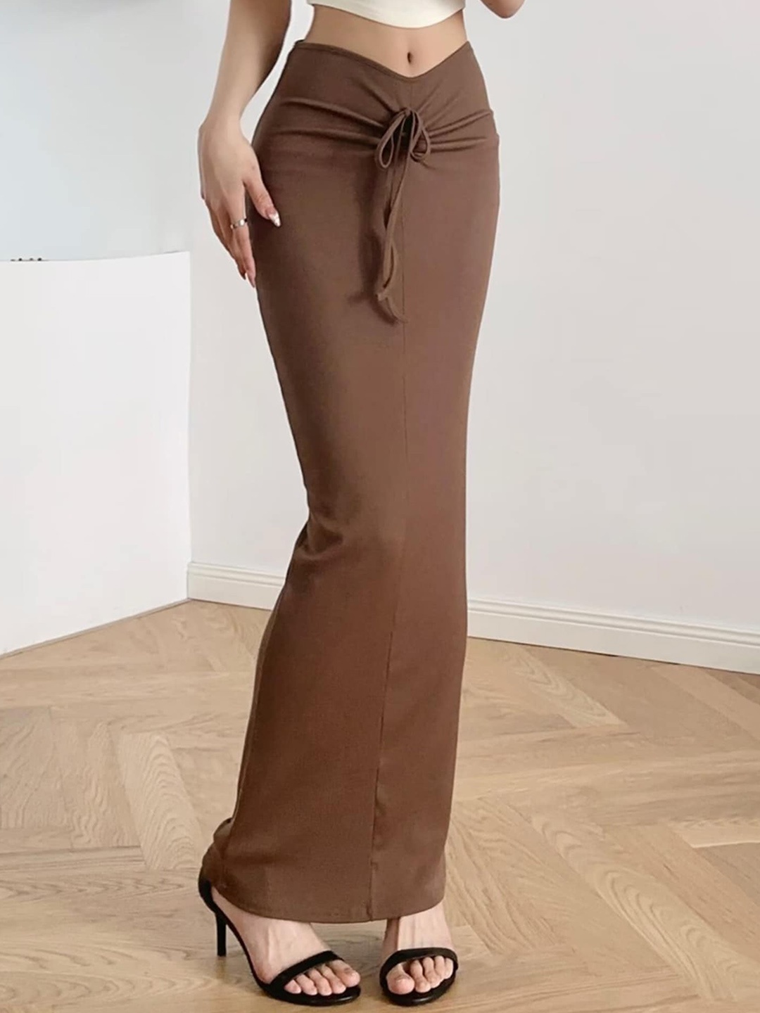 

LULU & SKY Tie-up Drawstring Maxi Skirt, Coffee brown