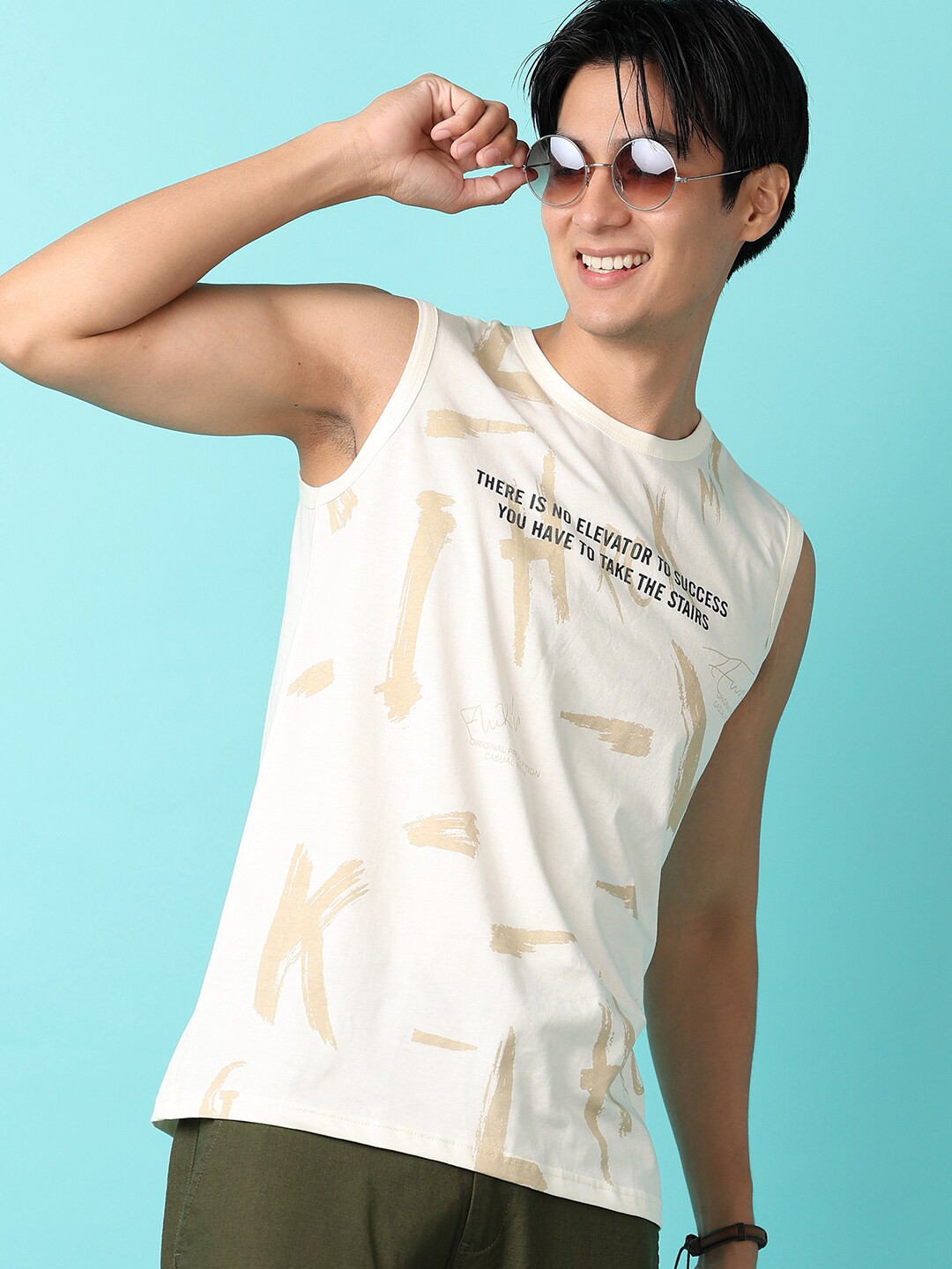 

V-Mart Men Typography Printed Sleeveless T-shirt, Off white