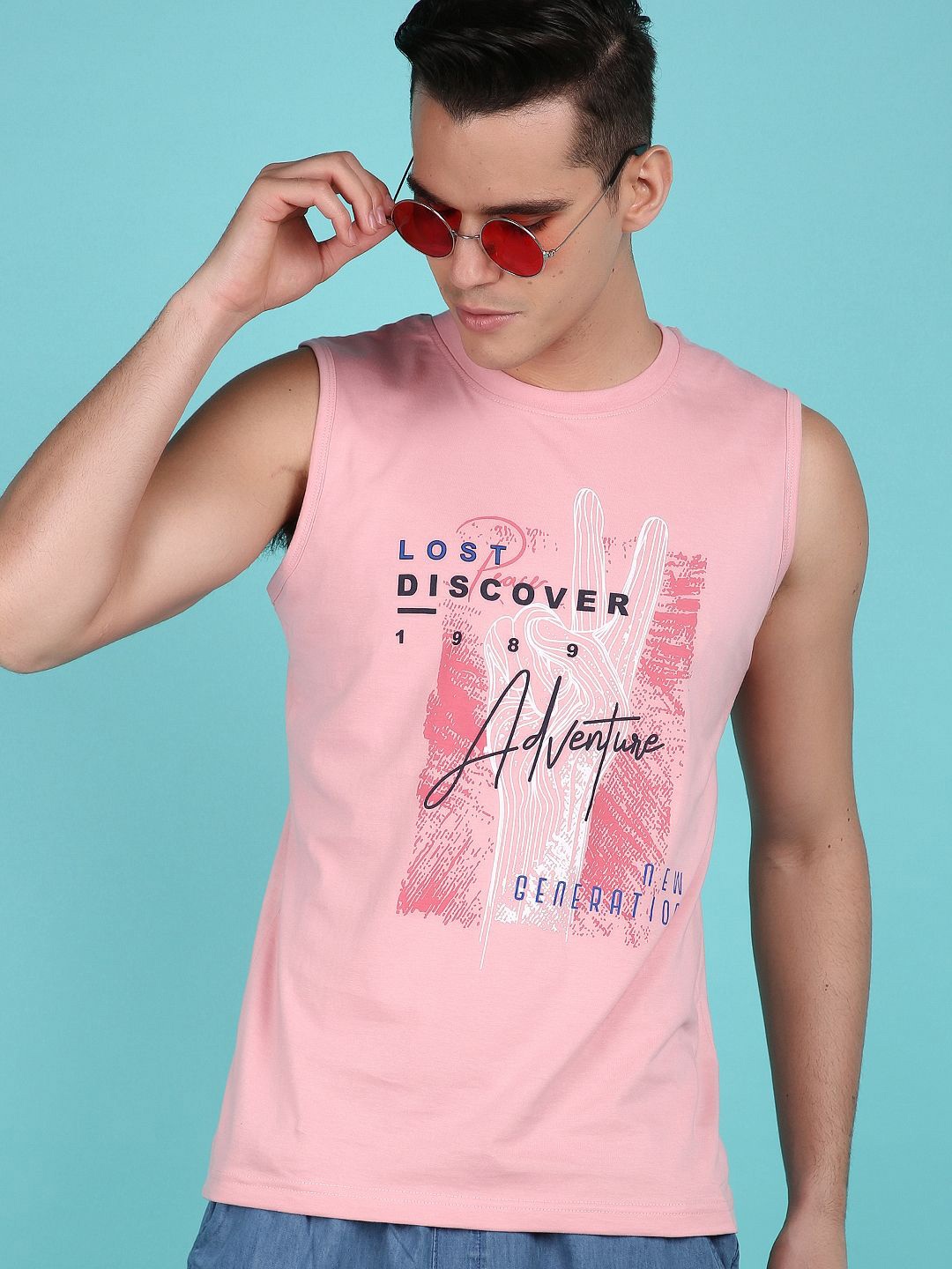

V-Mart Men Printed Sleeveless Typography Printed Cotton T-shirt, Pink
