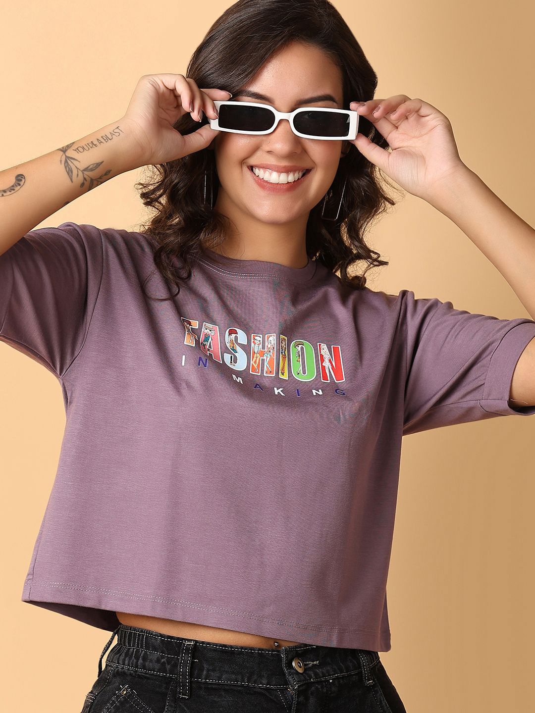 

V-Mart Women Typography Printed Applique T-shirt, Purple