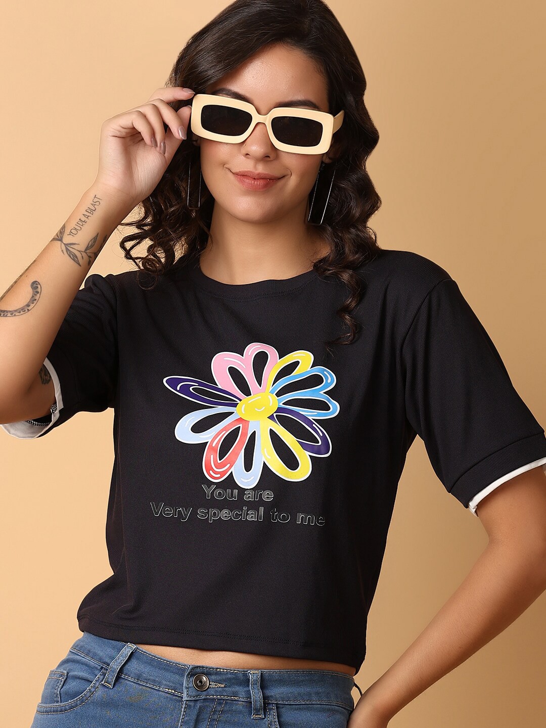 

V-Mart Women Typography Printed Round Neck Applique T-shirt, Black