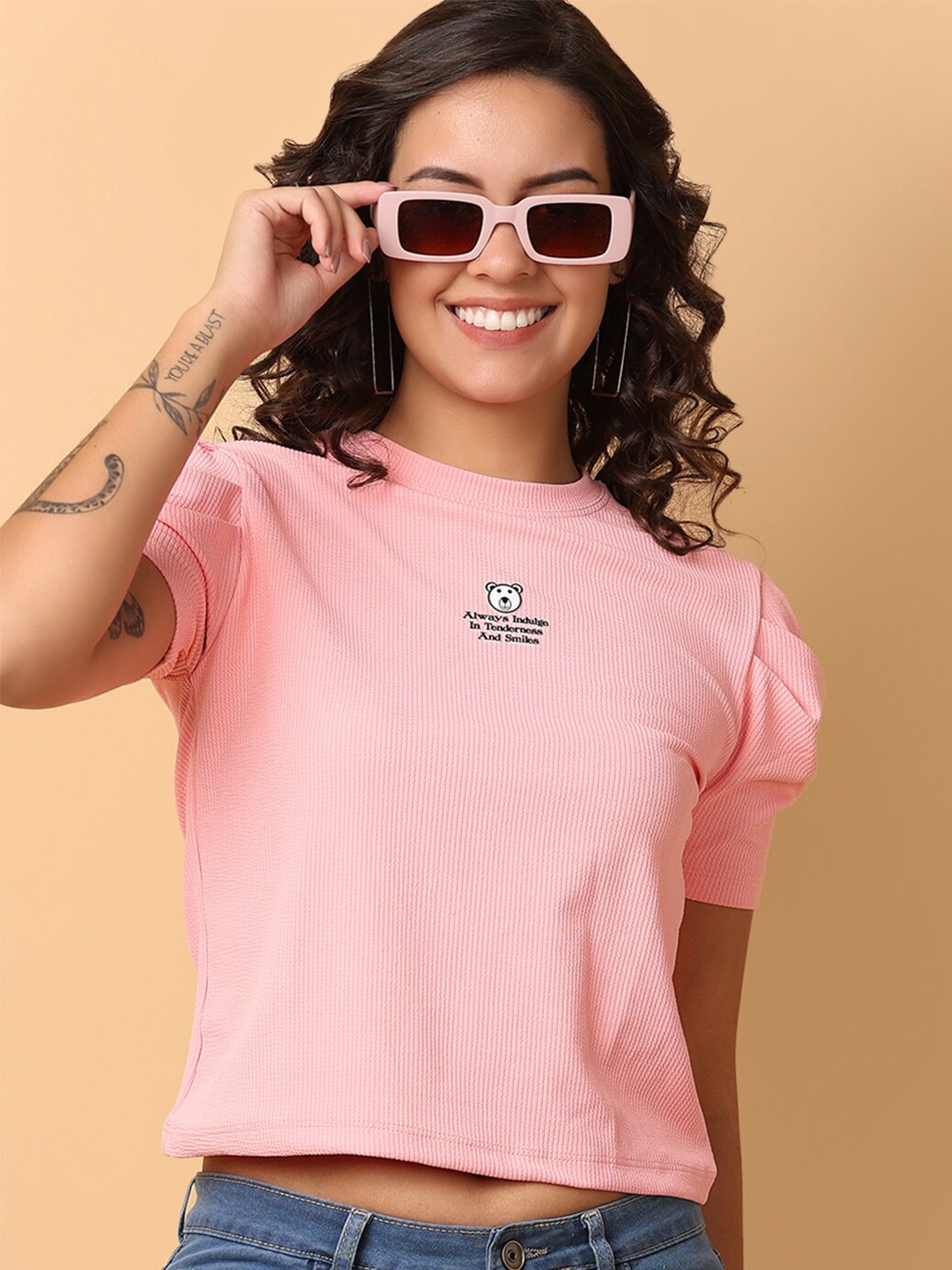

V-Mart Women Self Design Typography Printed Applique Crop T-shirt, Pink