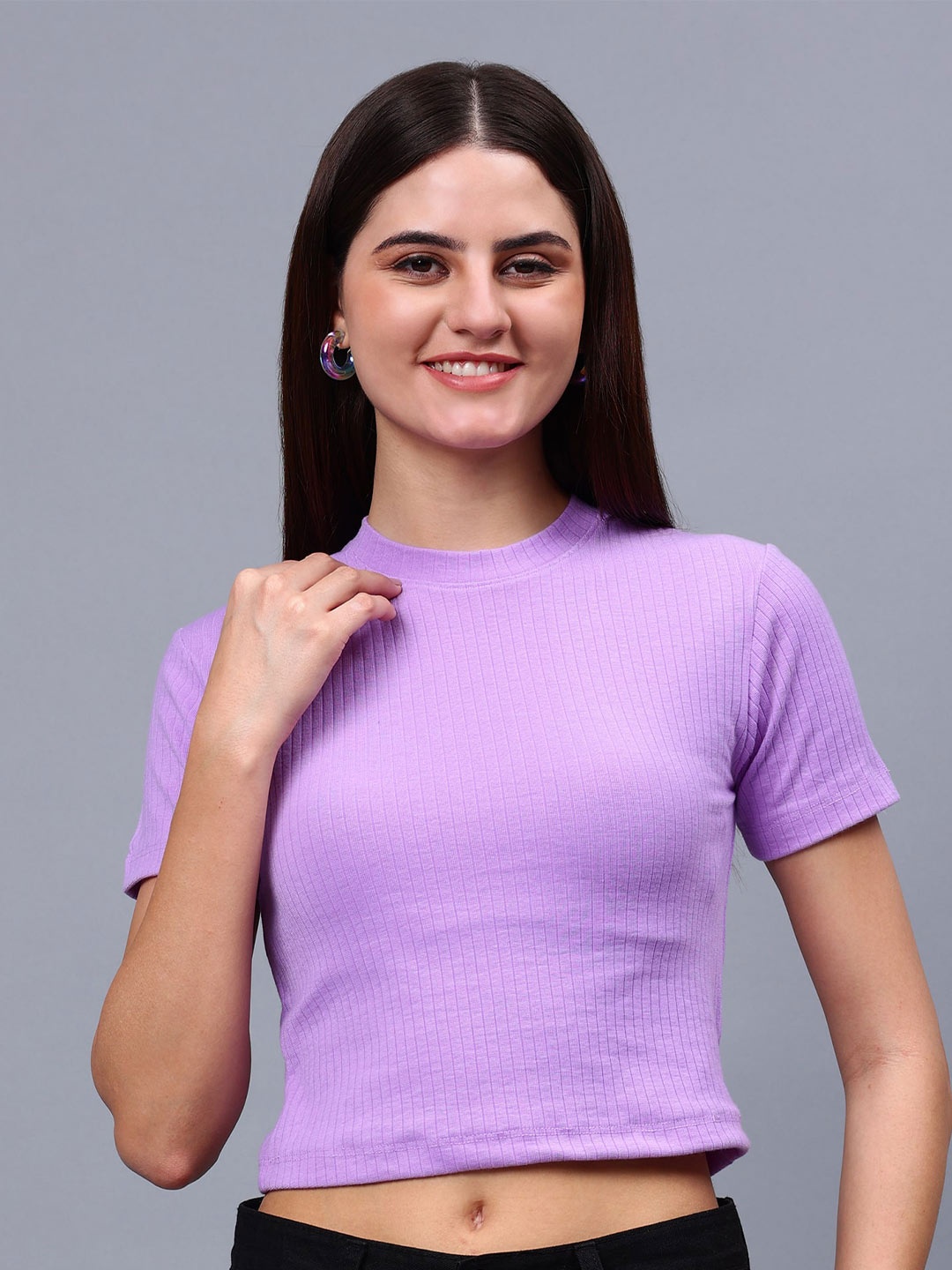 

Unifringe Solid Self Design Round Neck Fitted Crop Top, Lavender