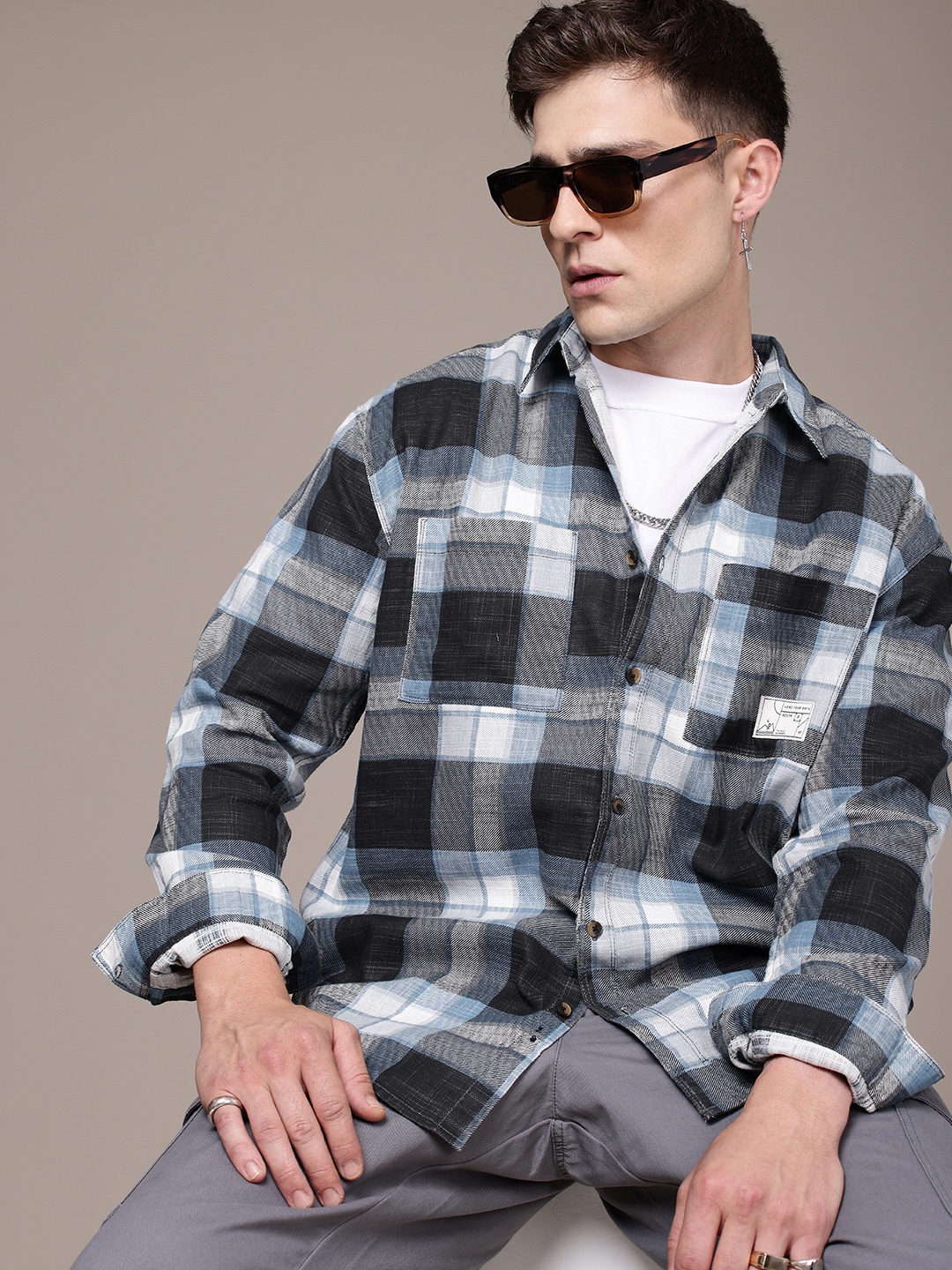 

The Roadster Life Co. Relaxed Fit Opaque Checked Pure Cotton Casual Shirt, Blue