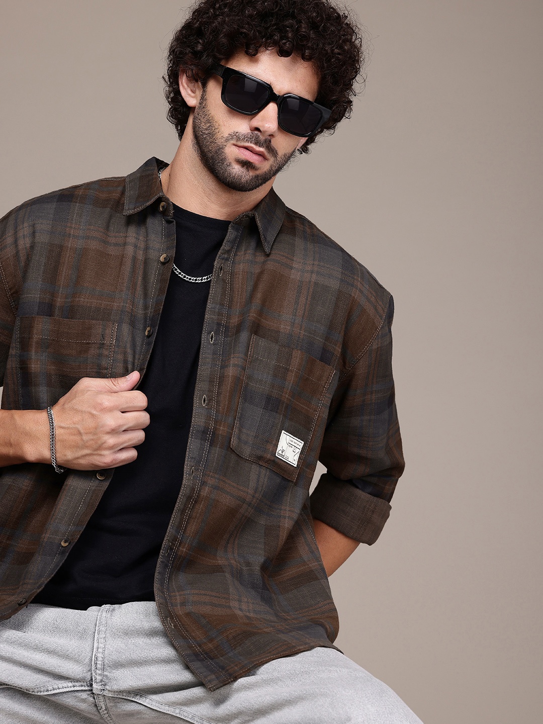 

The Roadster Lifestyle Co. Tartan Checked Oversized Twill Weave Pure Cotton Casual Shirt, Brown