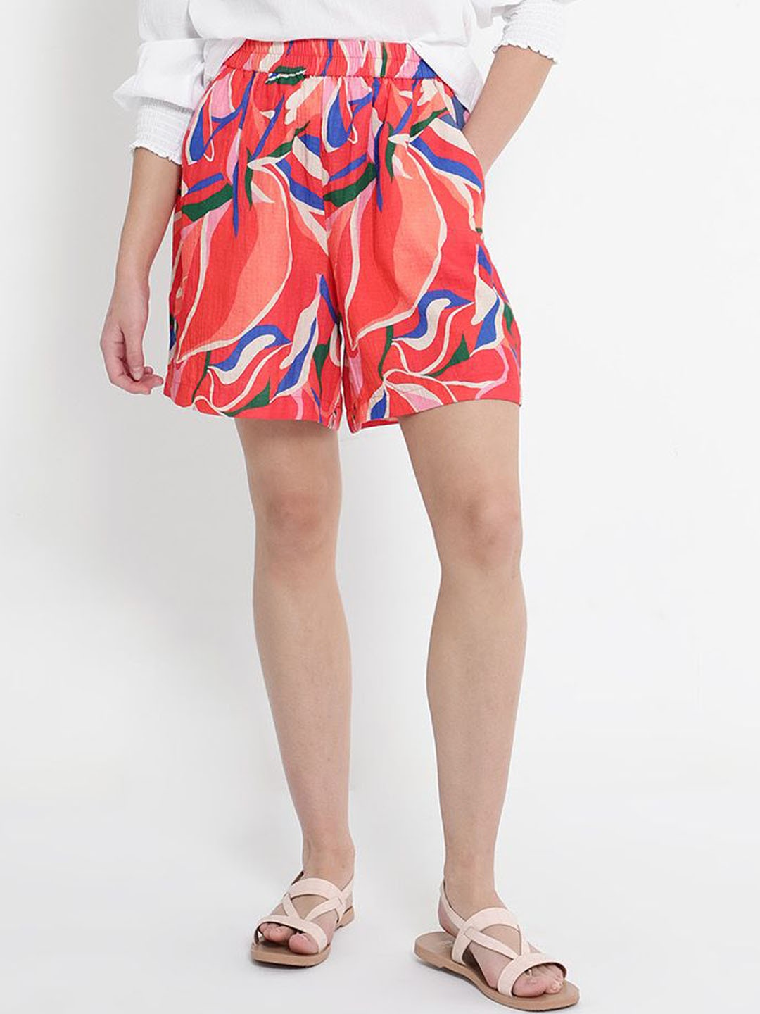 

RAREISM Women Abstract Printed Relaxed Fit High-Rise Cotton Casual Shorts, Pink