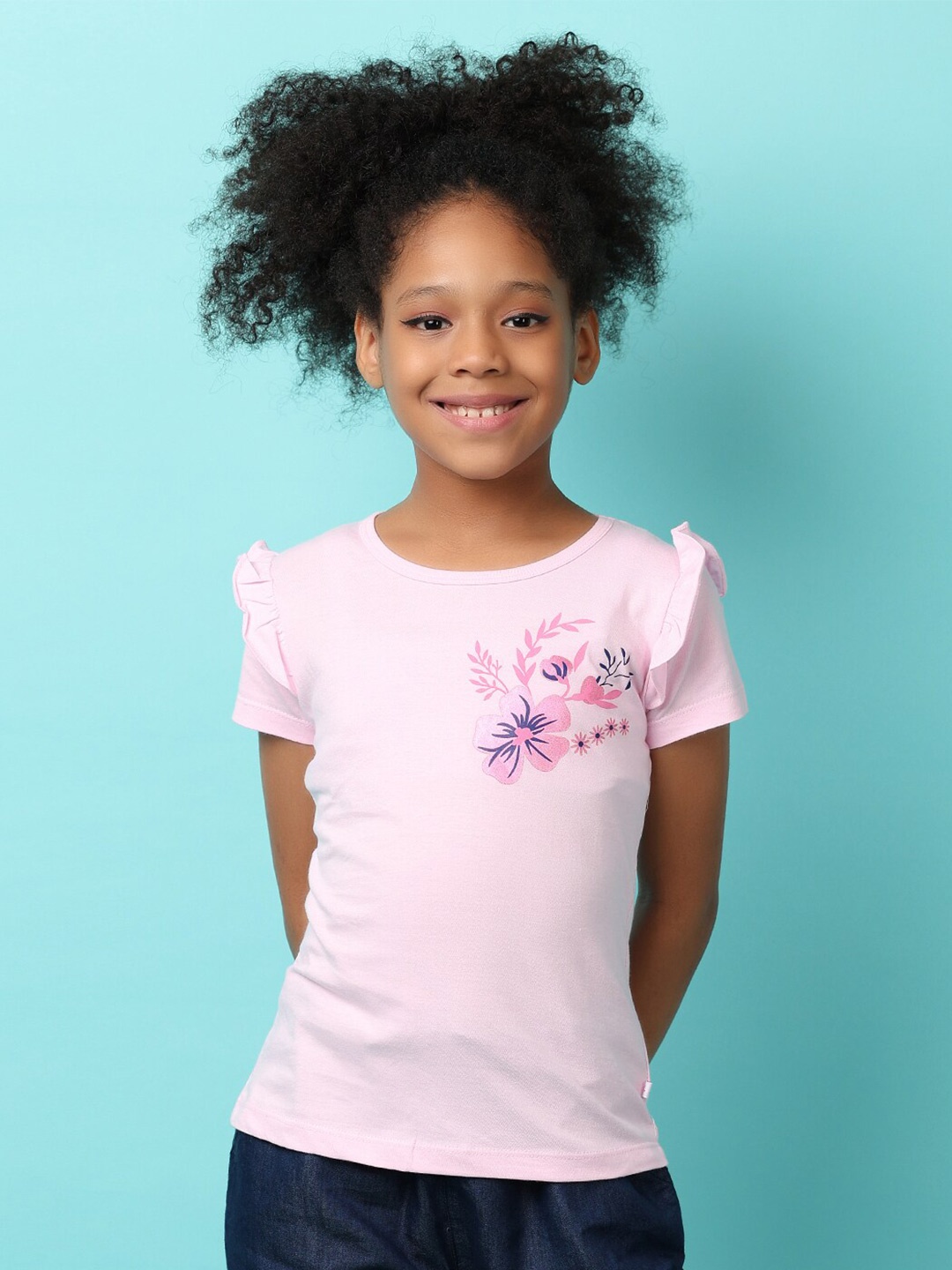 

V-Mart Girls Floral Printed Round Neck T-shirt, Pink