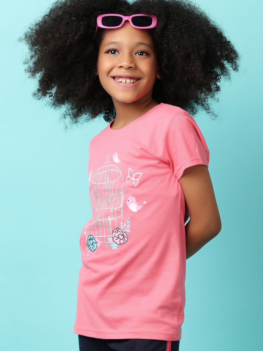 V-Mart Girls Round Neck Printed Cotton T-shirt, Pink
