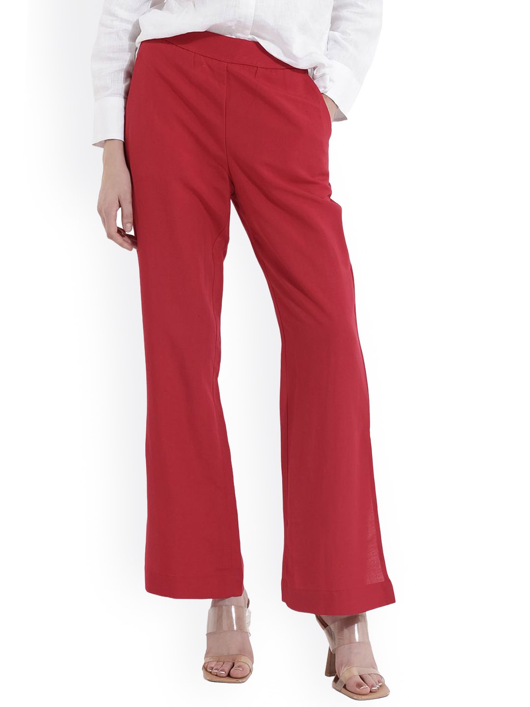 

RAREISM Women Comfort Loose Fit Bootcut Trousers, Red