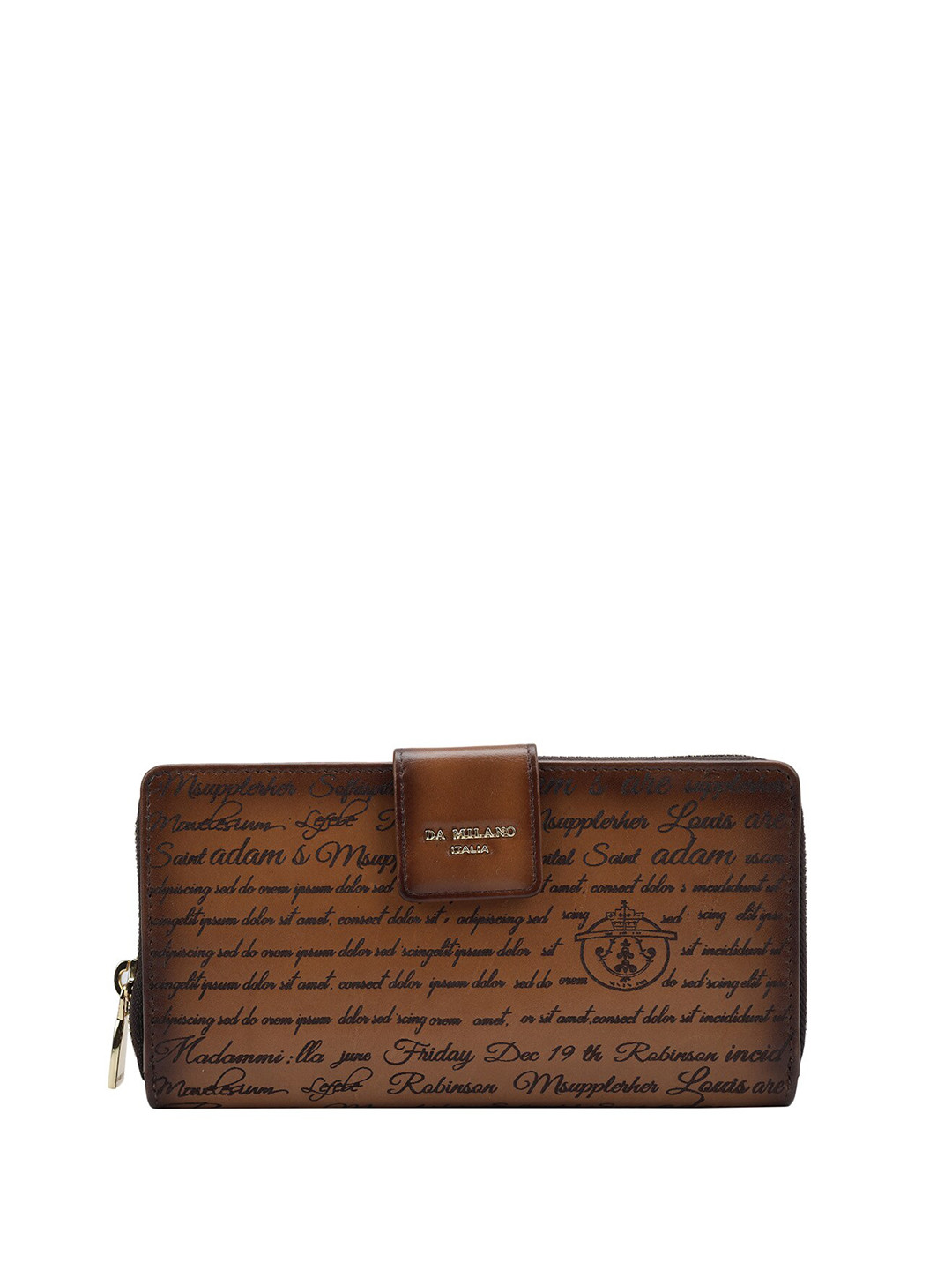 

Da Milano Women Typography Printed Leather Zip Around Wallet, Brown