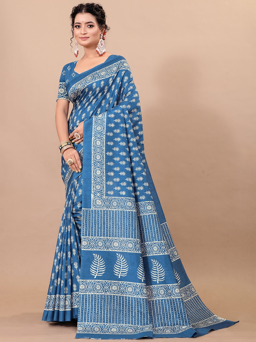 

RUNAYA NX Floral Pure Linen Mysore Silk Saree, Blue