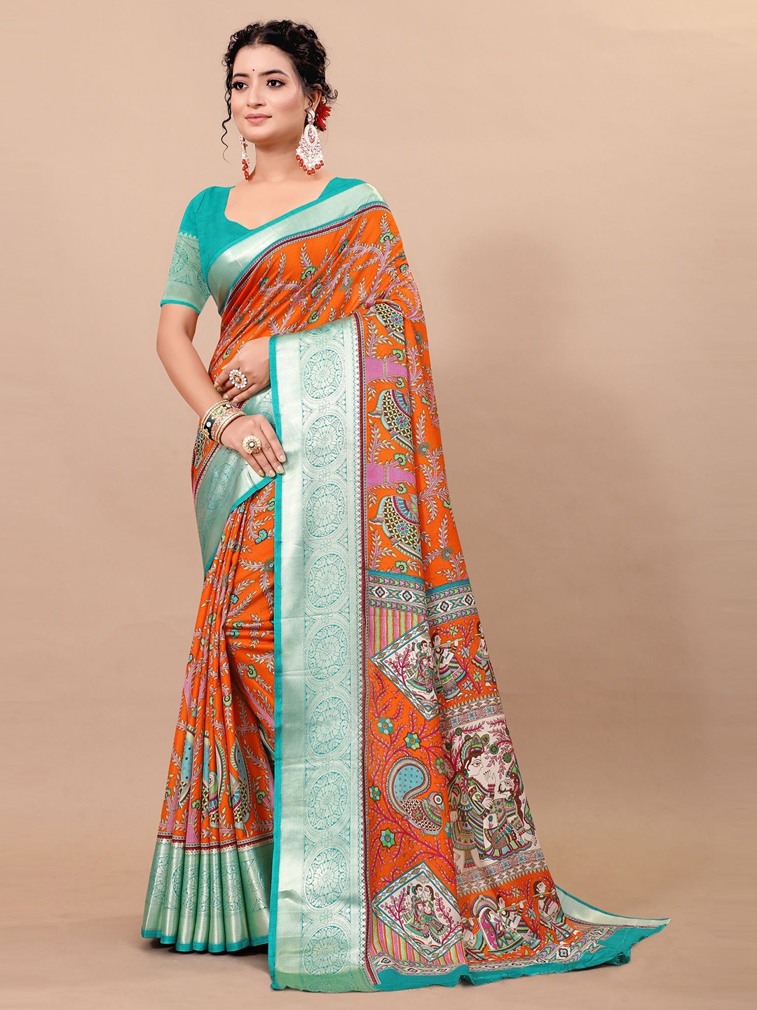 

RUNAYA NX Ethnic Motifs Pure Linen Mysore Silk Saree, Orange