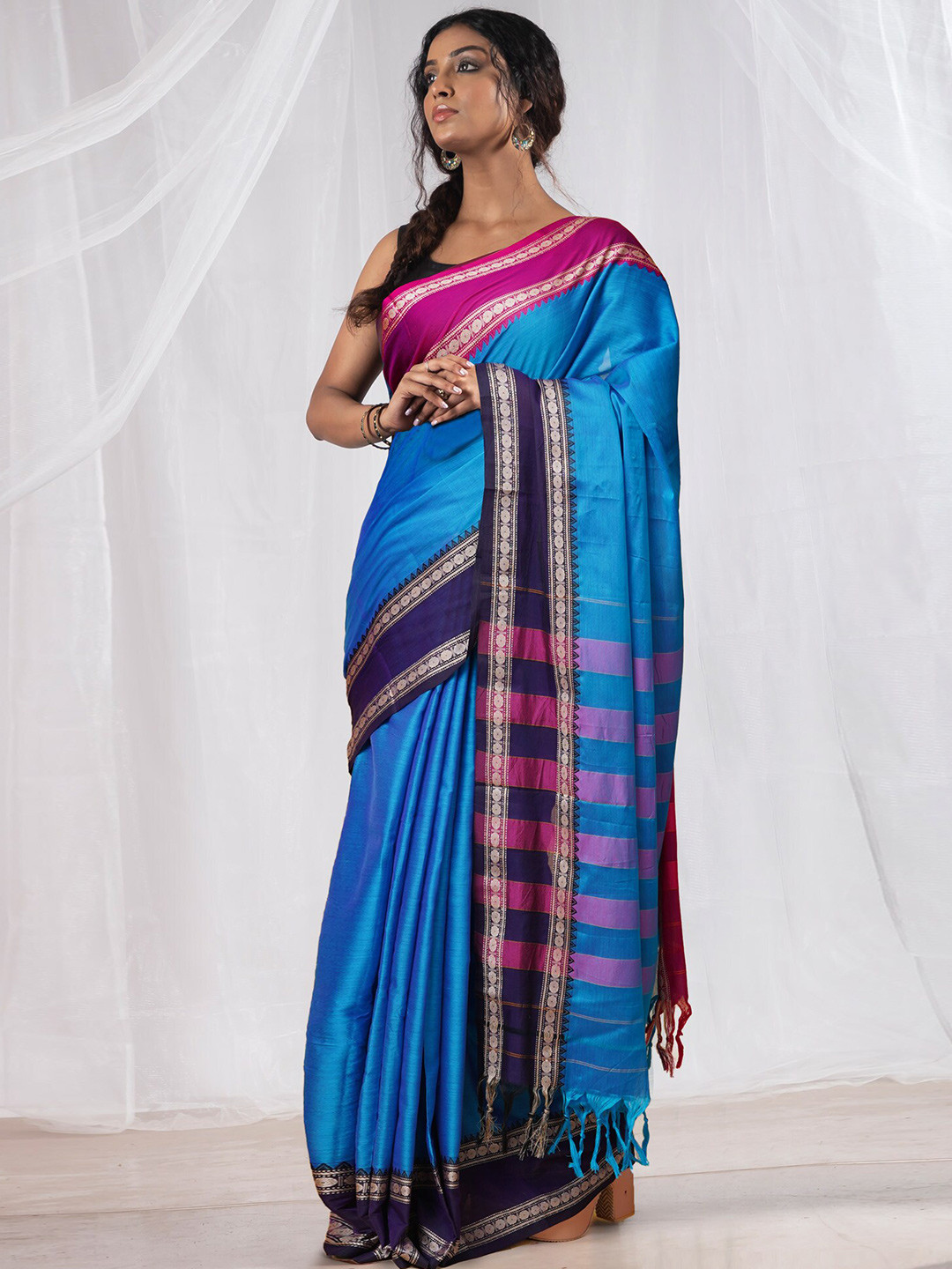 

Unnati Silks Pure Cotton Handloom Narayan Peth Saree, Blue