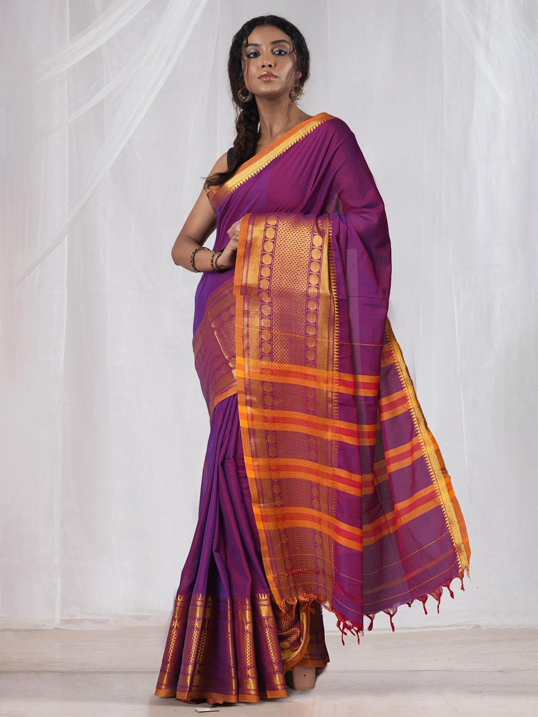 

Unnati Silks Zari Pure Cotton Narayan Peth Saree, Purple