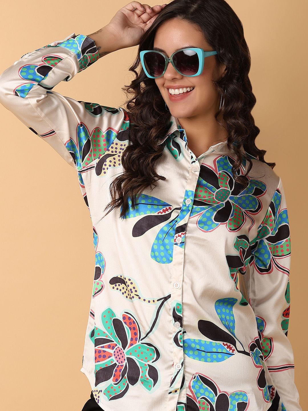 

V-Mart Spread Collar Long Sleeves Floral Printed Satin Casual Shirt, Off white