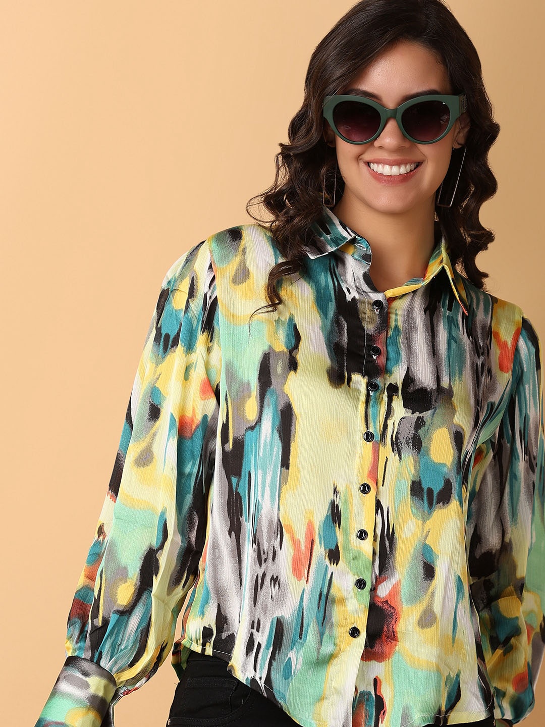 

V-Mart Abstract Printed Puff Sleeves Satin Casual Shirt, Yellow